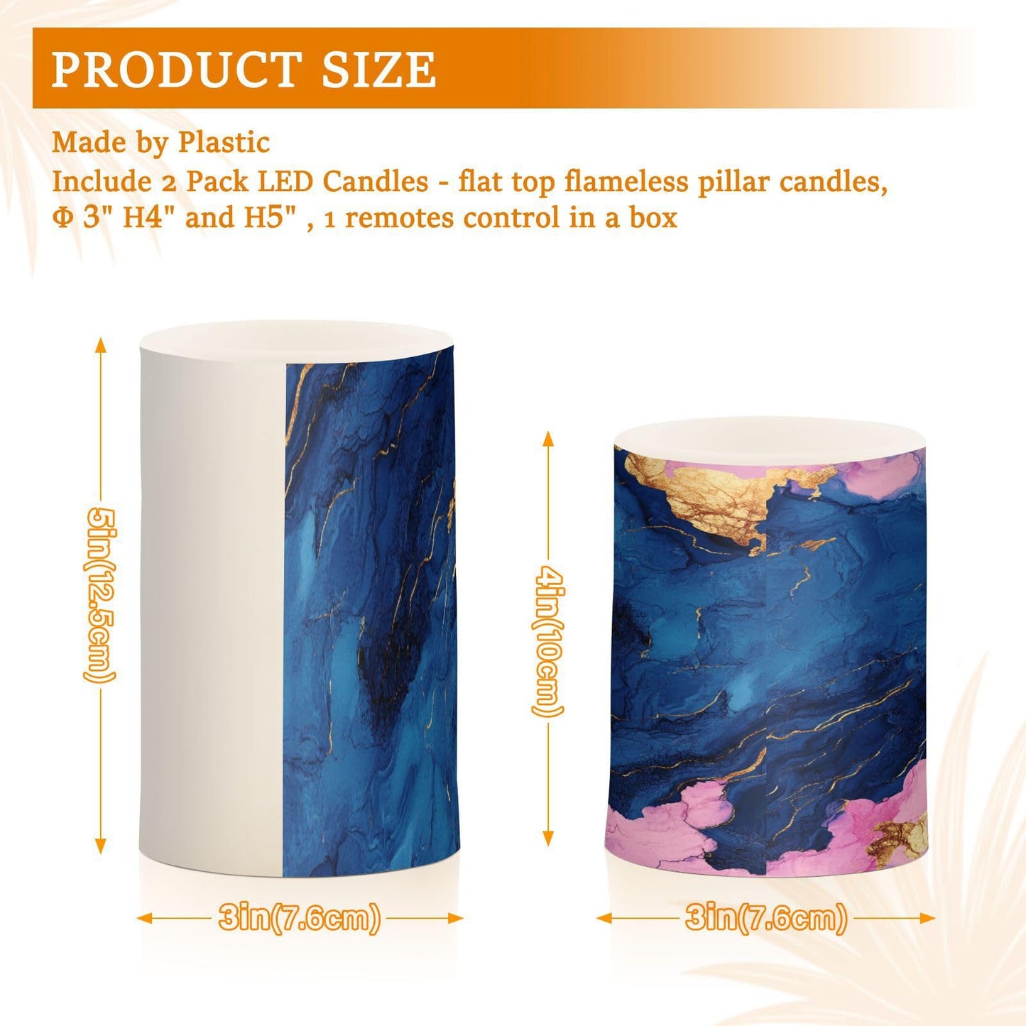 Flameless Pillar Candles Battery Powered Flameless Candle Lantern for Fireplace Marble Navy Blue Pink