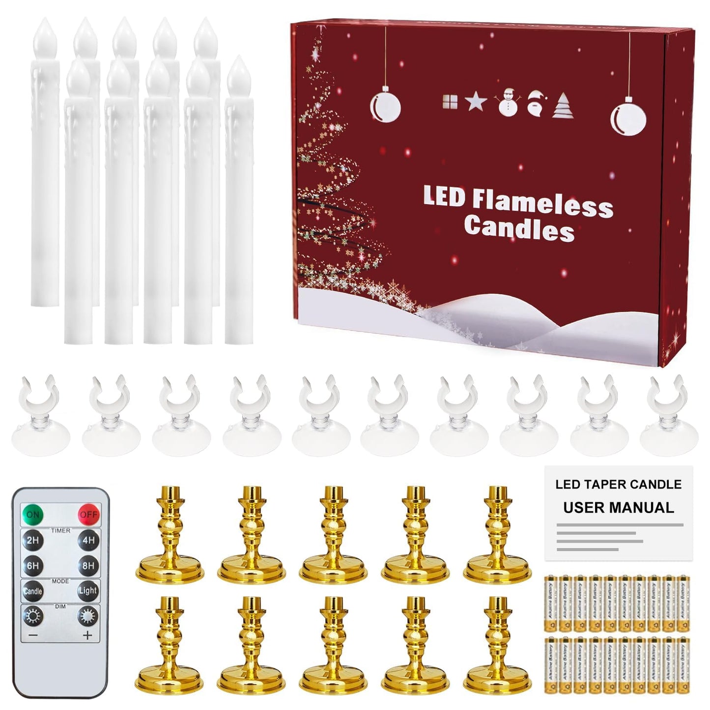 Kithouse Flameless Candles 10 Pack Battery Operated Window Candles with Drip Texture,Remote Timer,10 Removable Candle Holders,10 Suction Cups,20 AA Batteries for Home Decor Christmas Wedding(Gold)
