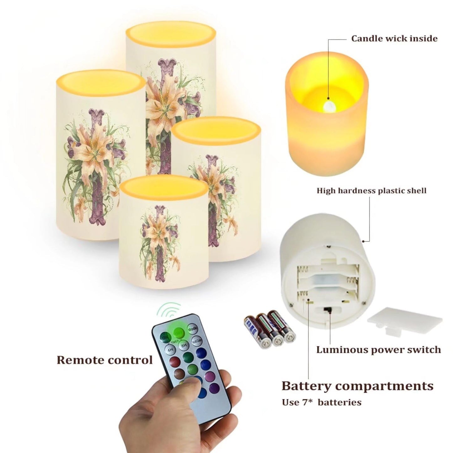 NETILGEN Easter Day Lily Flowers Print Flameless LED Candles Electric Candles with Remote Timer Control Long Lasting Pillar Candles Home Decoration Pack of 4
