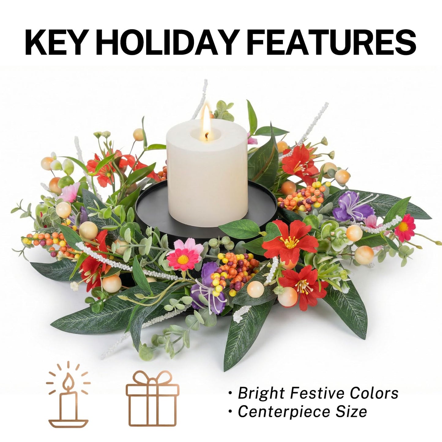 MOYEE Summer Candle Holder Centerpieces for Tables,Candle Ring, Black Metal Candlestick with an Artificial Wreath 14 in Versatile Dining Table Centrepiece (Autumn-Themed Flower and Fruit Wreath)