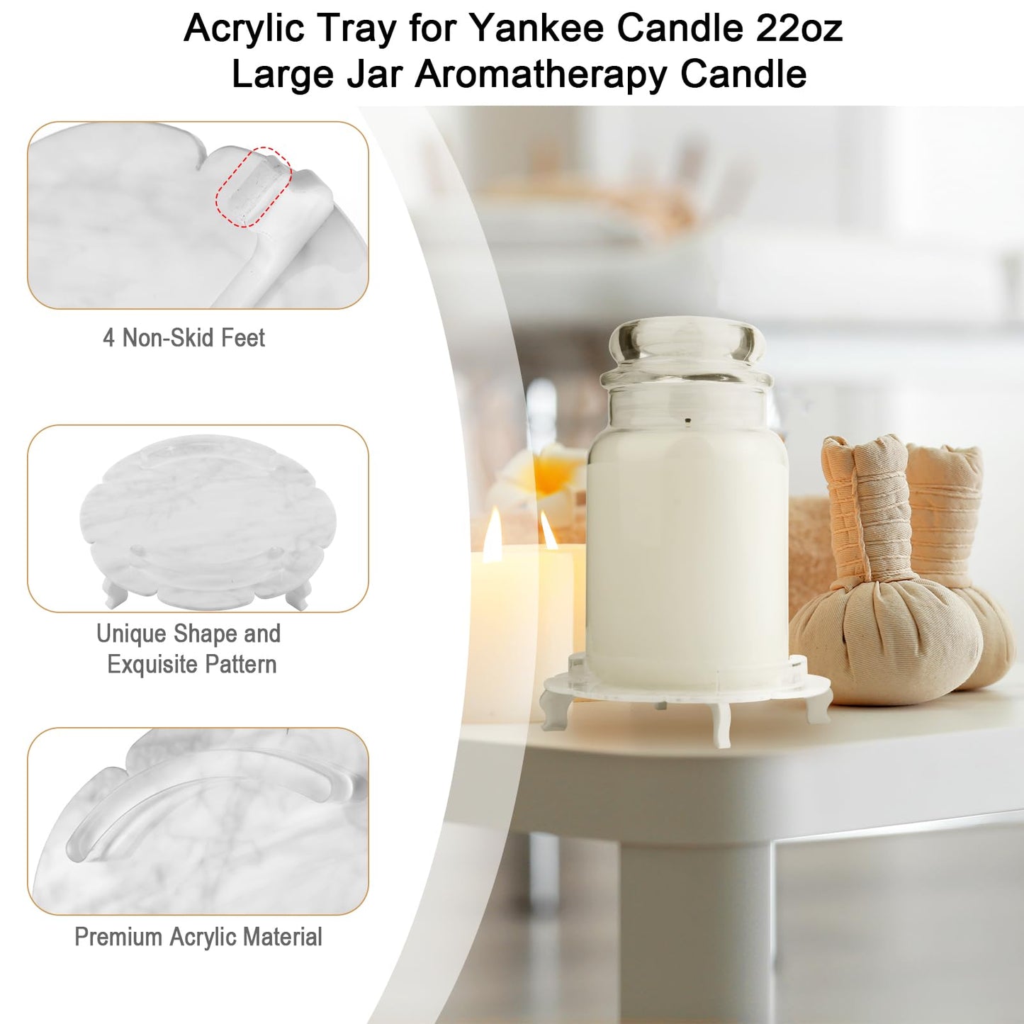 Beautyflier Scented Candle Holder Tray, Pedestal Stand for Yankee Candle Classic 22oz Jar, Decorative Marble Acrylic Plate, Holder ONLY (White)