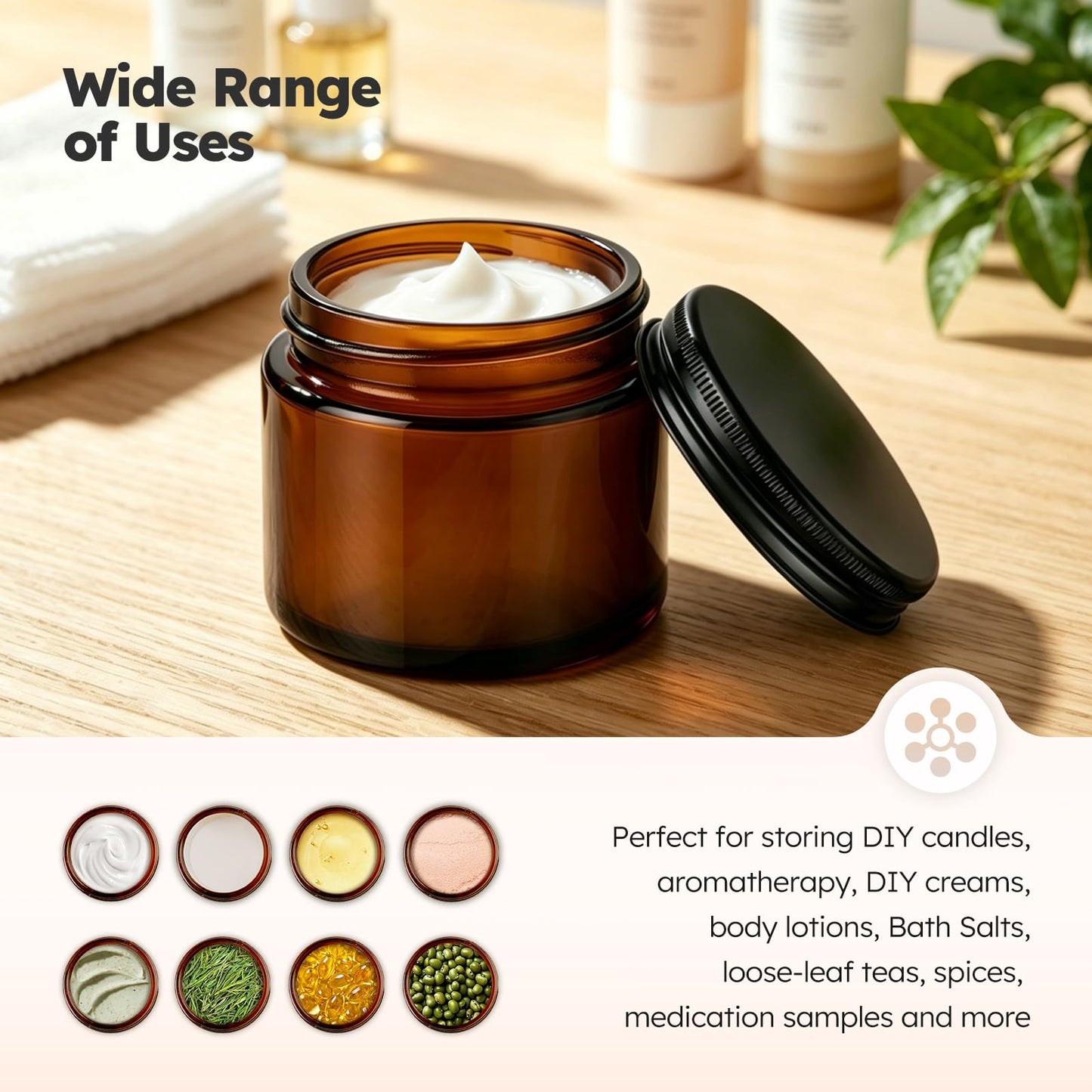 2 oz Glass Jars with Metal Lids, 36 Pack Amber Small Glass Jars with Black Lids Leakproof Round Airtight Empty Cosmetic Travel Containers with Inner Liners For Lotions Powders and Candle Making