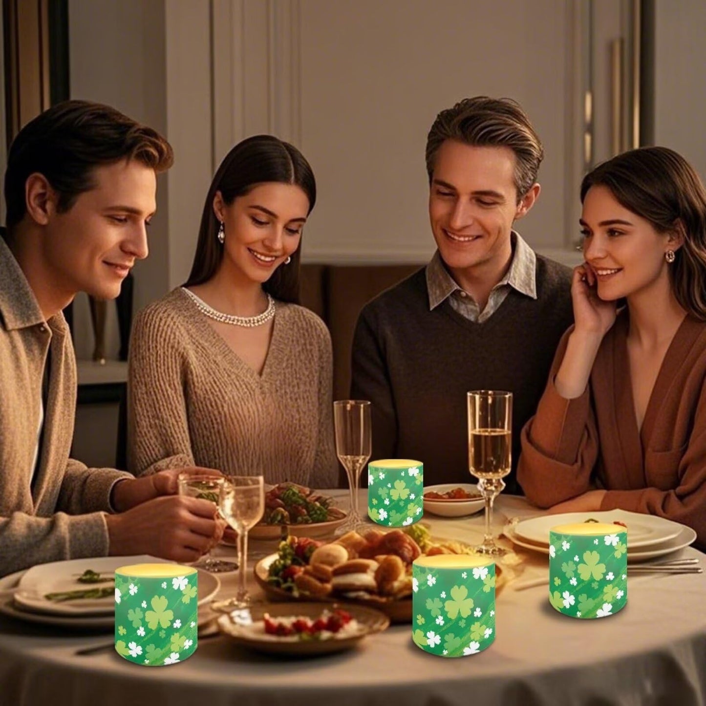 Merkmak Set of 4 Painting Shamrocks Flameless Candles Battery Operated LED Candles with Timer, St Patricks Day Real Wax Tea Lights for Patio Porch Party Home Decorations