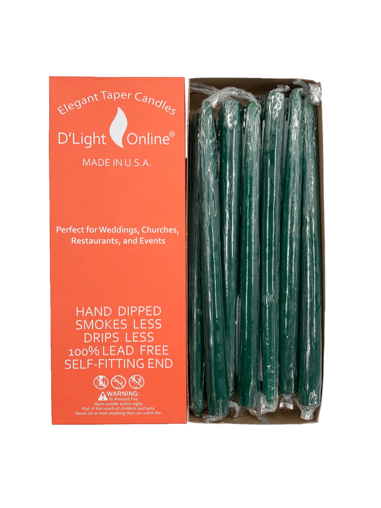 D'light Online Elegant 10" Unscented Dark Green Taper Candles, Premium Quality Hand-Dipped Tapered Candles, Dripless and Smokeless - Set of 12 Individually Wrapped (10 Inch, Dark Green)