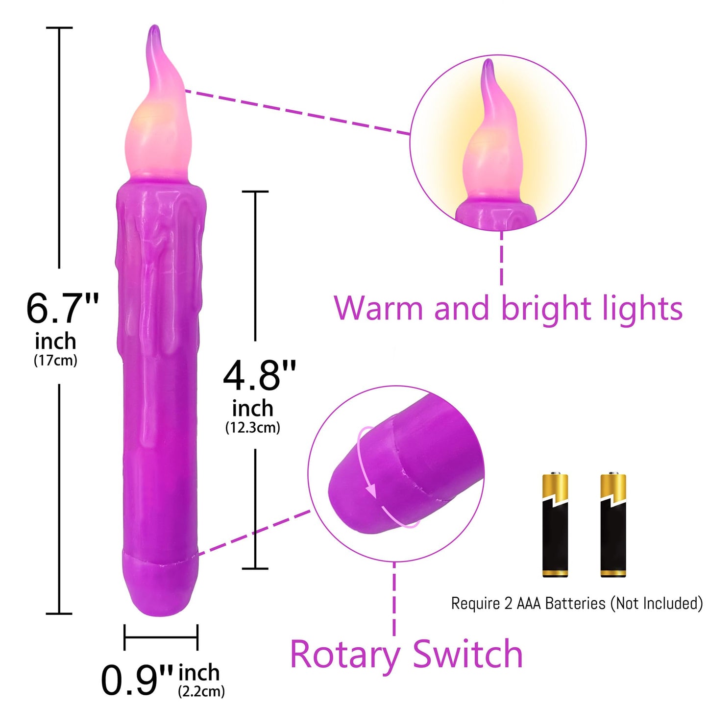 Gedengni Magical Candlesticks Flameless Taper Candle, 4pcs Real Wax LED Tapered Candles Remote Dipped Candle 6inches Battery Chandelier for Enchanting Weddings Harry Potter Inspired Vigils (Purple)