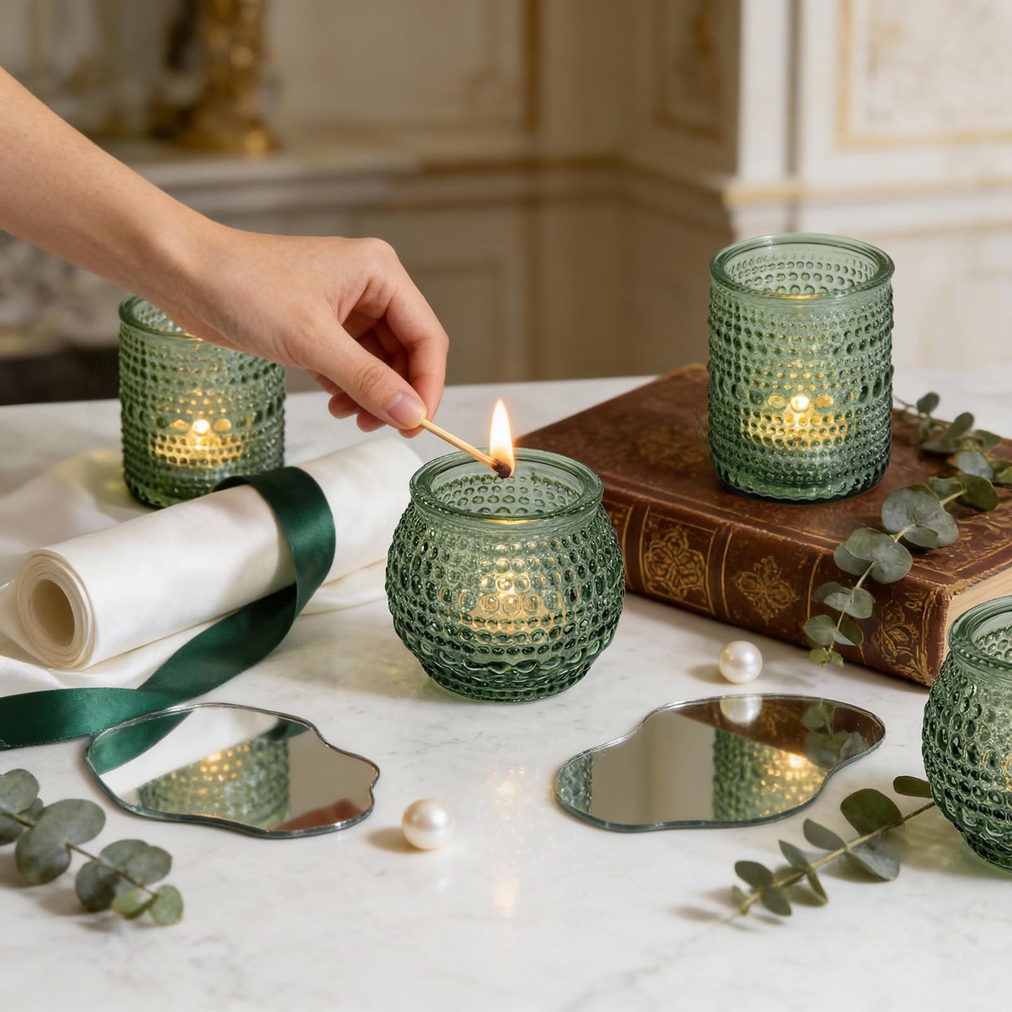 Rubtlamp 24Pack Green Votive & Tea Light Candle Holders with Dot Design, Glass Candle Holder for Table Centerpiece, Wedding, Baby Shower, Home Decorations