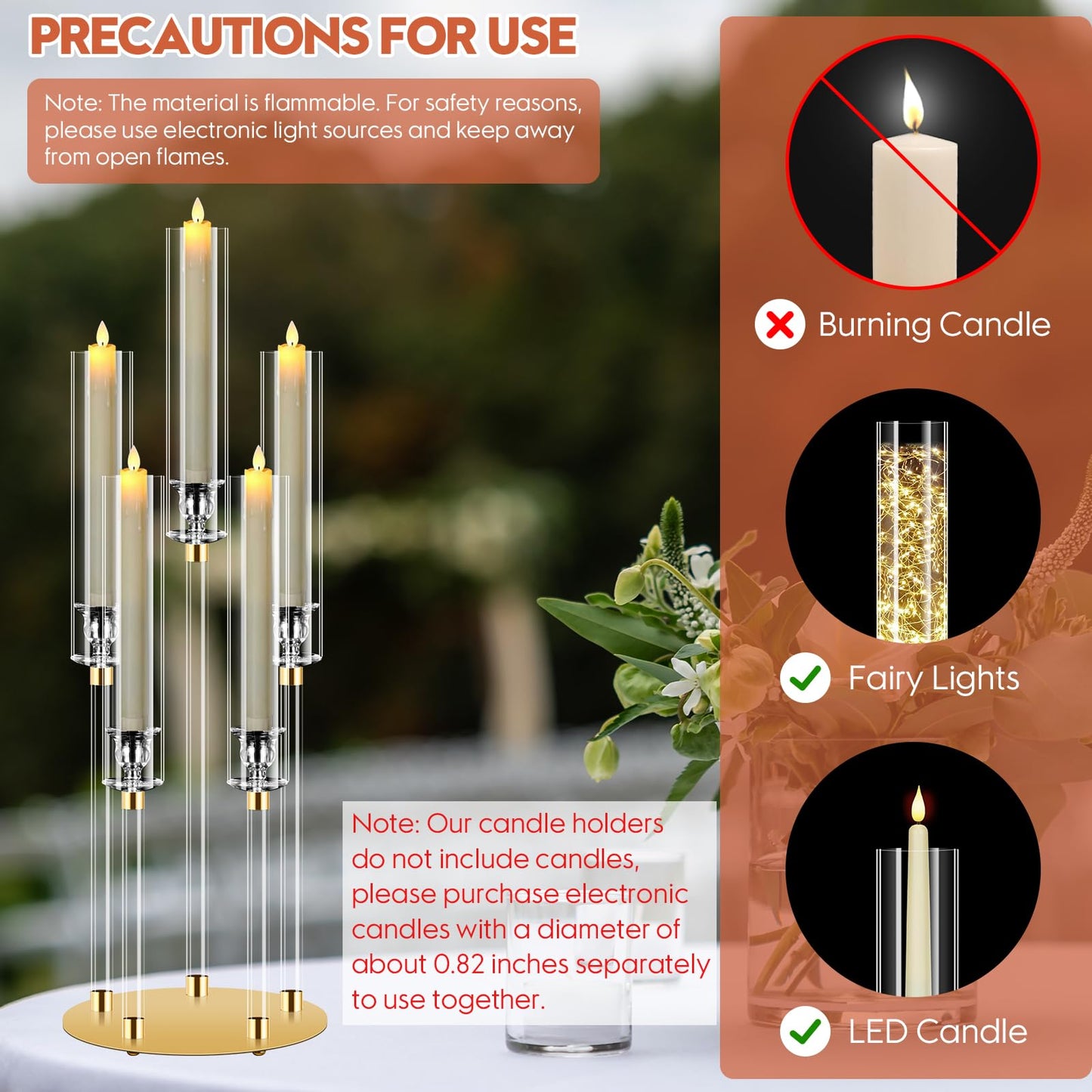 5 Arm Gold Candle Holder, Mjkeomo 26'' Tall Candelabra Centerpieces for Tables Clear Candlesticks Holder for Housewarming Gift Fireplace Halloween Christmas Wedding Decor Fit 0.82'' LED Candle