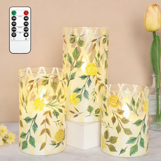 FLAVCHARM Yellow Glass Flameless Candles with Remote Vintage Floral LED Pillar Candles Battery Operated Timer & Dimmable Candle Light Rustic Farmhouse Decor for Home Bedroom Wedding Table Centerpiece