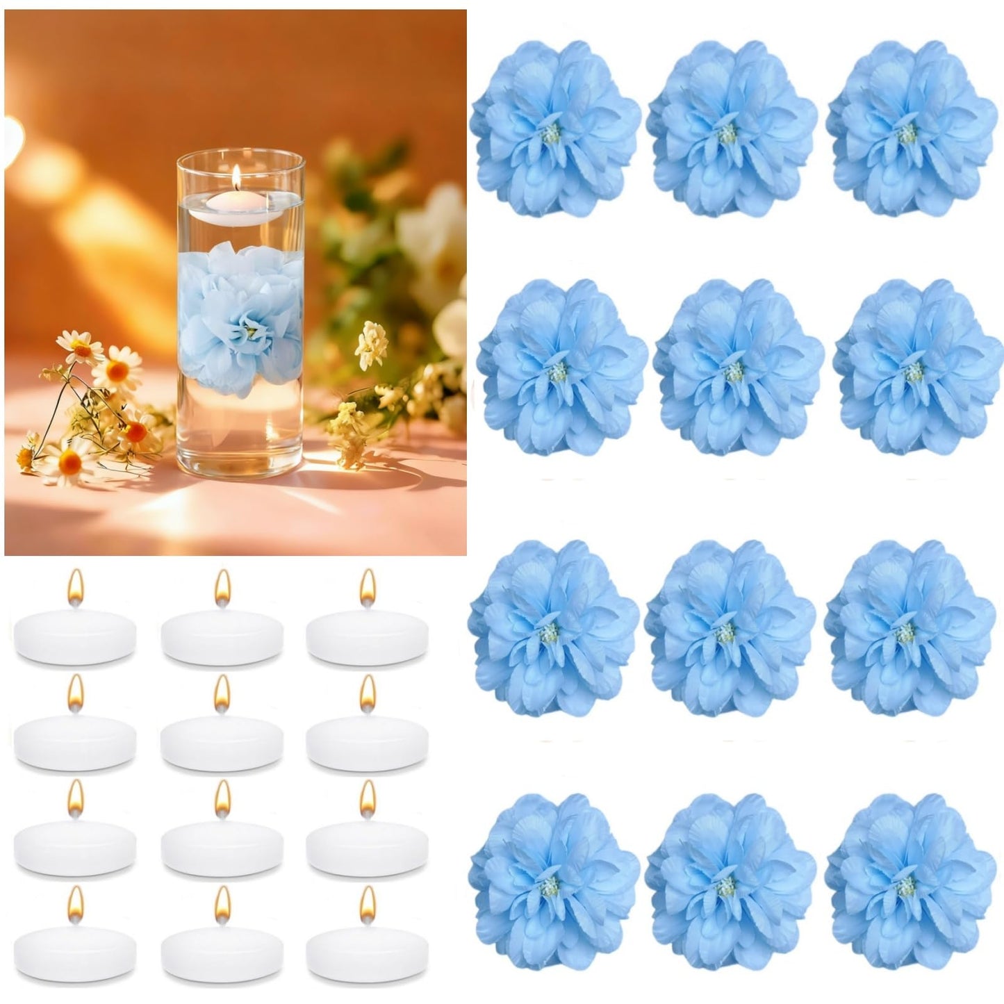 UDU 24 Pcs Floating Candles for Centerpieces and Floating Flowers for Centerpieces Artificial Flower Head for Home Birthday Wedding Party Table Decor Blue