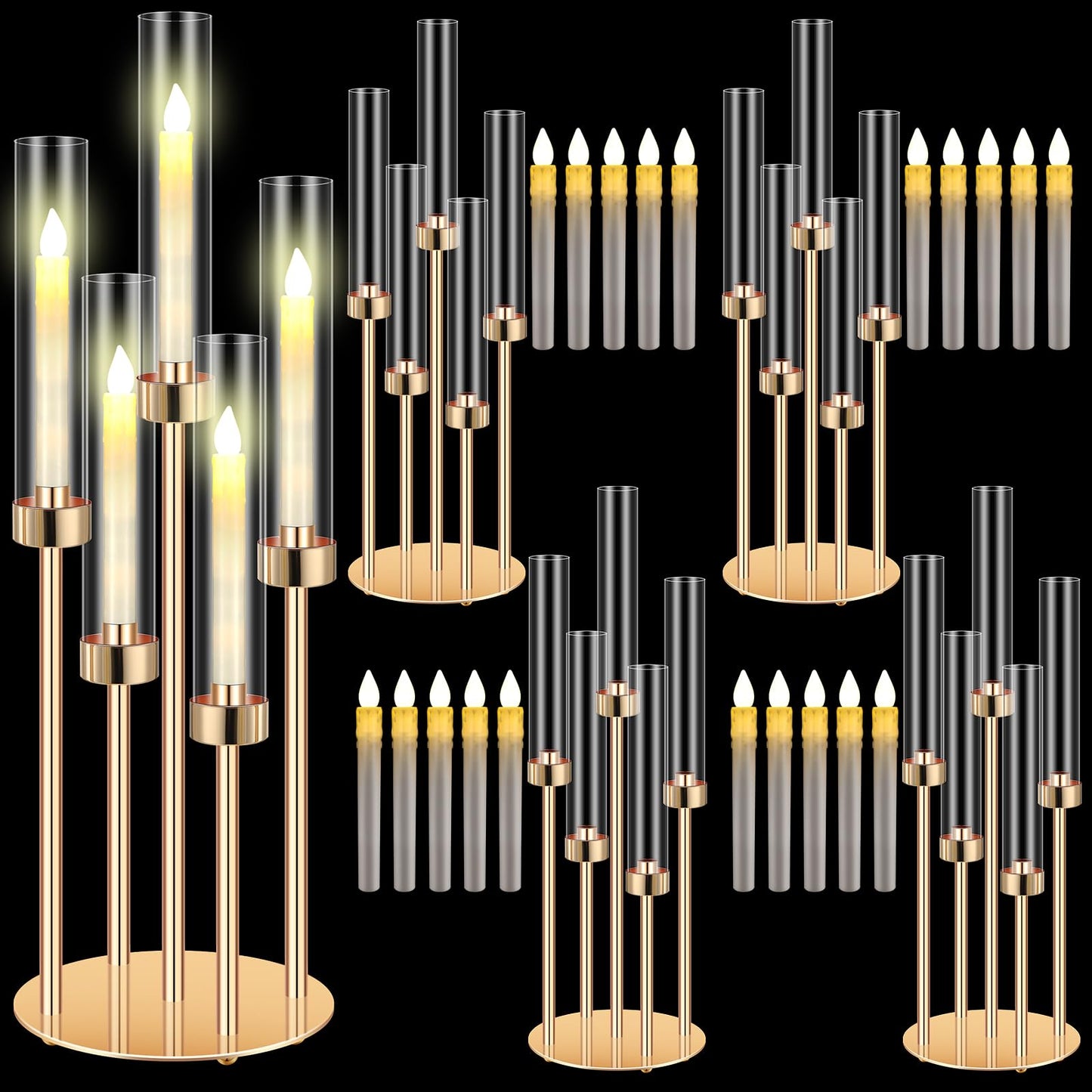 Tandefio 4 Set Gold Candelabra Centerpieces for Tables, 26.8 Inch 5 Arm Candle Holders with LED Candles and Acrylic Cylinders, Tall Acrylic Wedding Table Centerpieces for Reception Dinner Party Decor