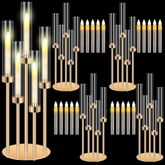 Tandefio 4 Set Gold Candelabra Centerpieces for Tables, 26.8 Inch 5 Arm Candle Holders with LED Candles and Acrylic Cylinders, Tall Acrylic Wedding Table Centerpieces for Reception Dinner Party Decor