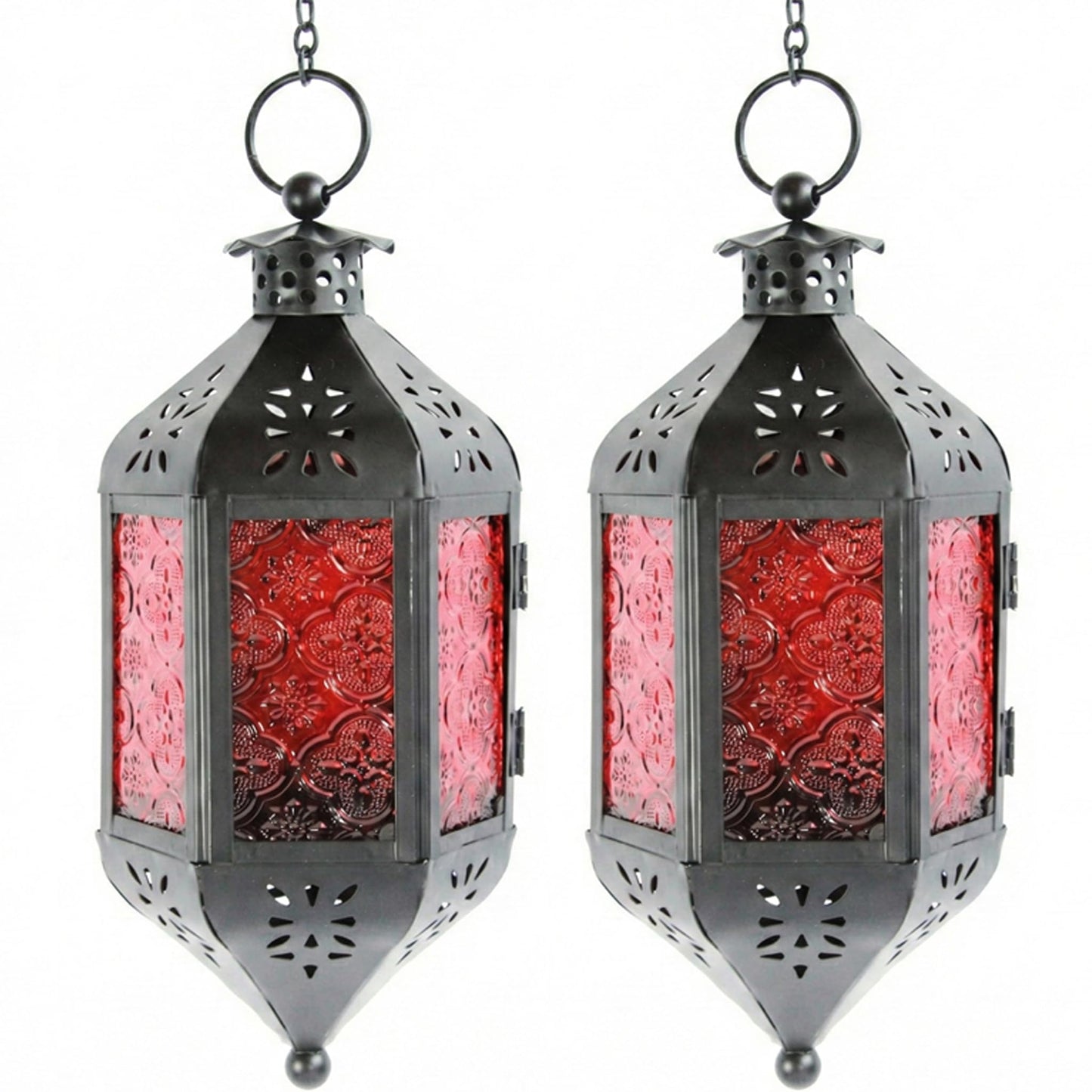 Vela Lanterns Hanging Moroccan Lamp - Exotic Decorative Patio & Porch Decor, Indoor Outdoor Tea Light Candle Lantern Holder with Chain (11" Medium, Red Glass, 2-Pack)