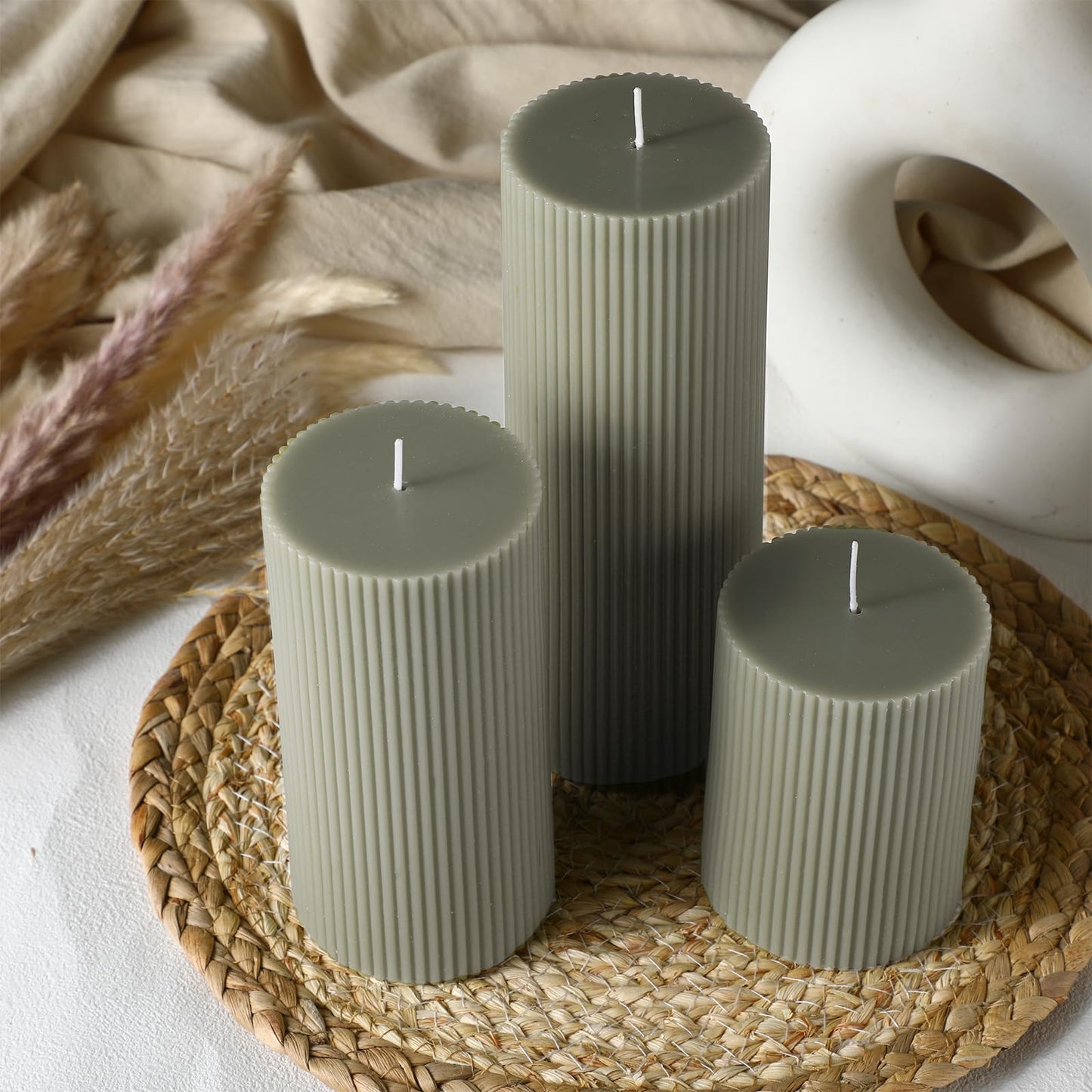 Conelist Ribbed Pillar Candles Set of 3, Width 3" High 4" 6" 8" Large Soy Wax Orchids Scented Pillar Candles Aesthetic Ribbed Modern Home Decor for Bathroom Living Room(Bean Green)