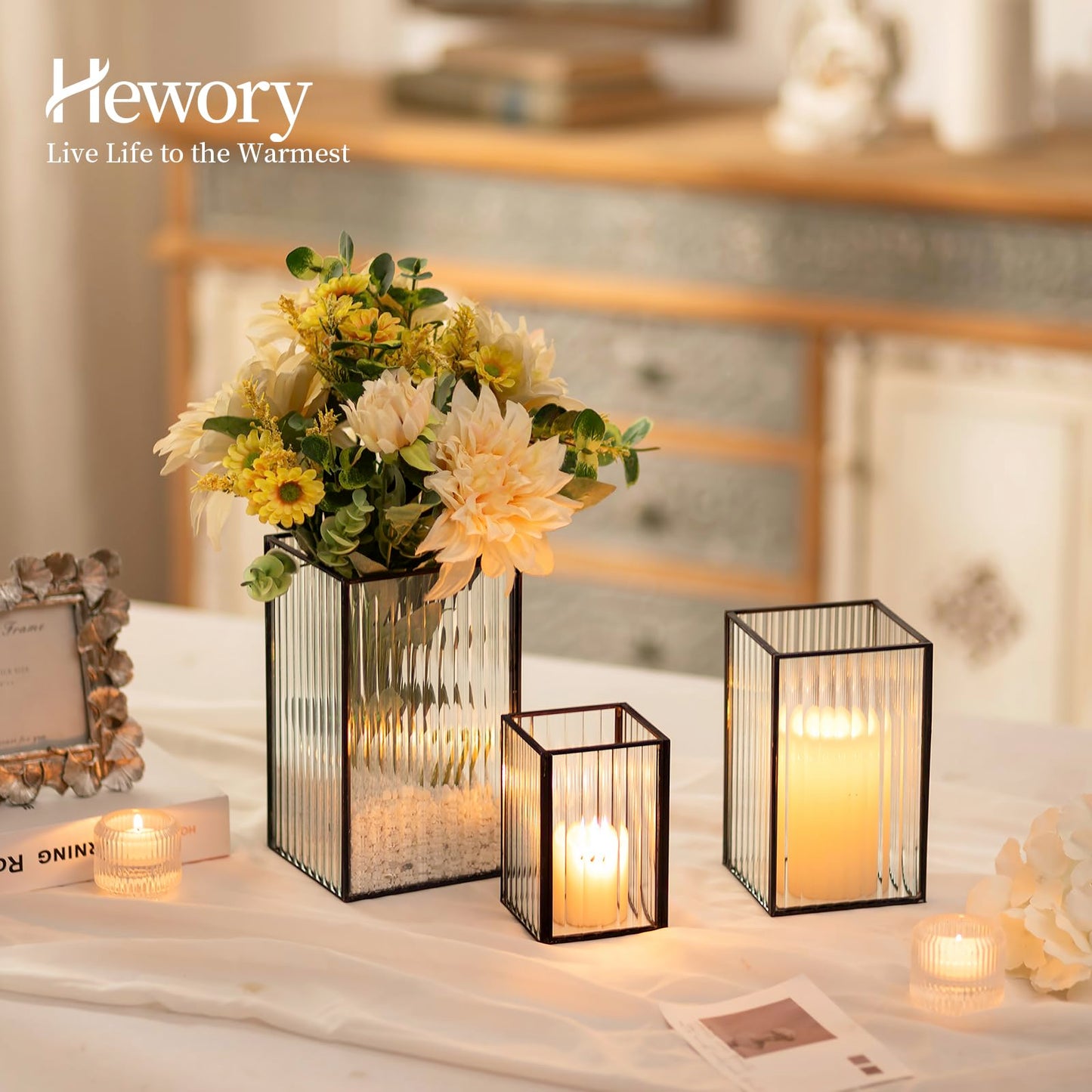 Hewory Black Hurricane Candle Holder: 6 PCS Ribbed Hurricane Glass Candle Holders for Pillar Candles, Square Pillar Candle Holders for Table Centerpiece Wedding Christmas, Home Decor for Kitchen Patio