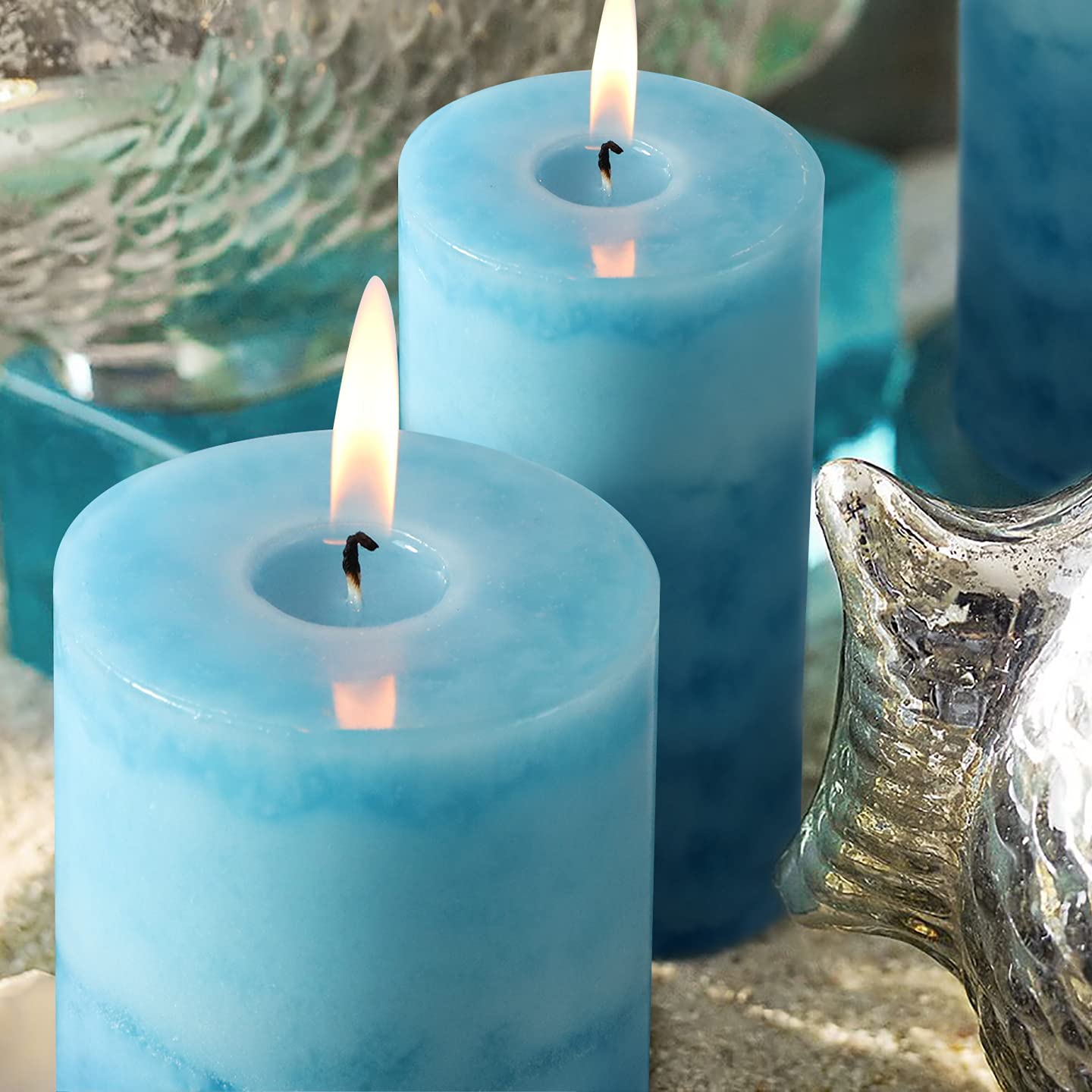 Petristrike Blue Pillar Candles for Home Scented, Set of 3 Strong Ocean Fragrance Scented Candles, 50+ Hrs Long Burning Candles Set