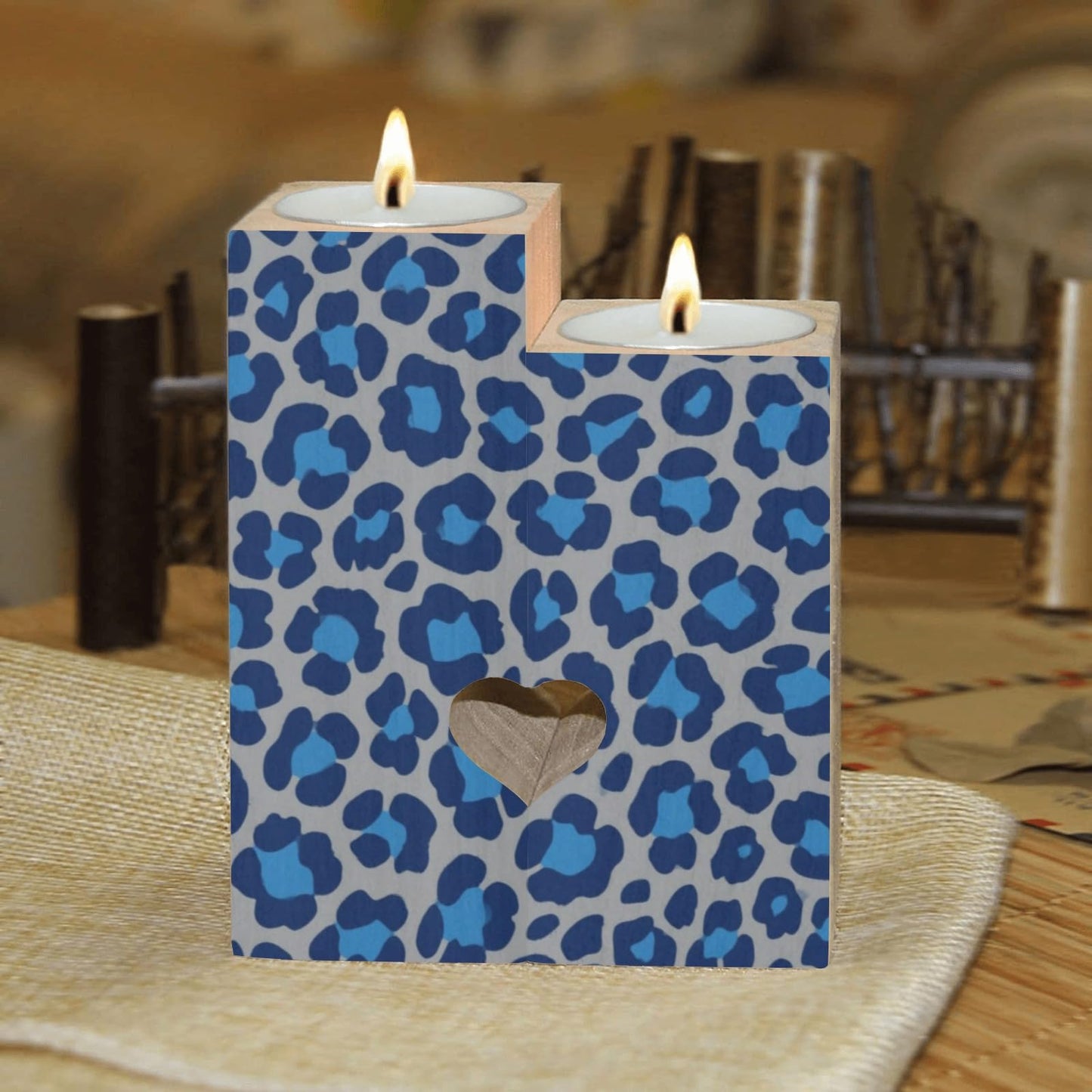 pnyoin Animal Skin Blue Black Candle Holders Gift for Women Wooden Heart Candlestick Personalized Christmas Birthday Graduation Friendship Gifts Home Wedding Dinning Party Decorative