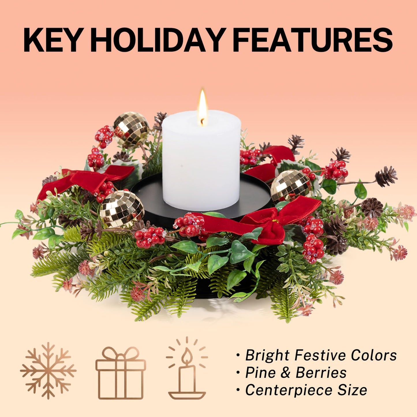 MOYEE Winter Christmas Candle Holder Centerpieces for Tables,Candle Ring, Black Metal Candlestick with an Artificial Wreath 14 in Versatile Dining Table Centrepiece (Red Bow Pinecone Wreath)