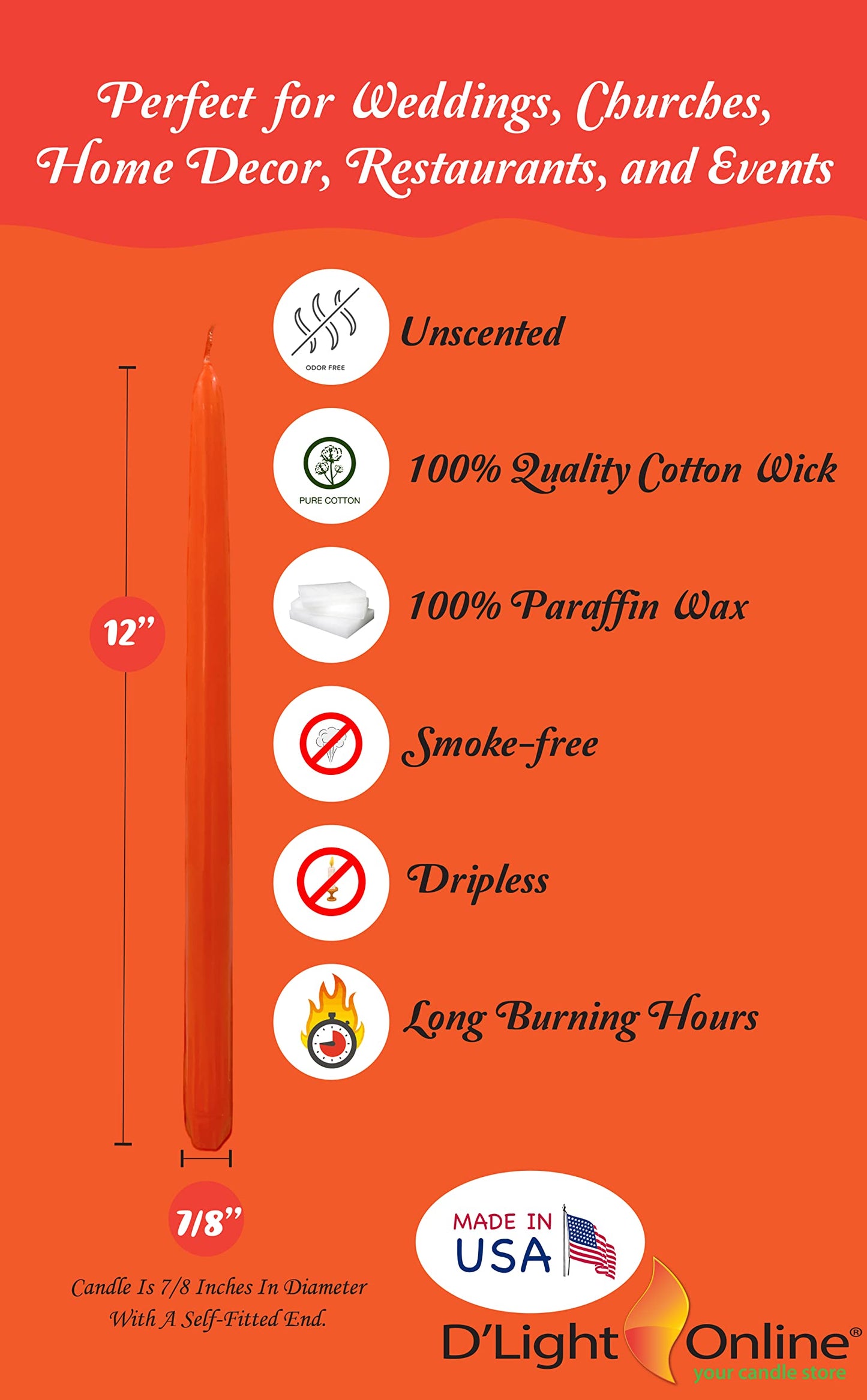 D'light Online Elegant 12" Unscented Holiday Taper Candles for Halloween - Premium Quality Candles Hand-Dipped, Dripless and Smokeless - Set of 12 (12 Inch, Spooky)