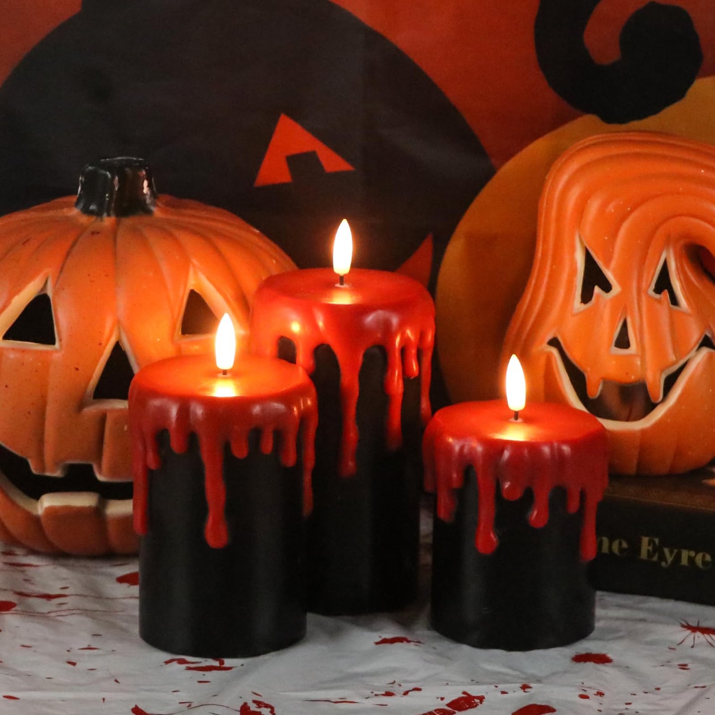 Lasumora Halloween Decorations Led Candles Flickering with 6H Timer, Battery Operated Halloween Candles, 3 Pcs Drip Wax Spooky Halloween Decor Indoor Real Wax, D3 x H 4" 5" 6"