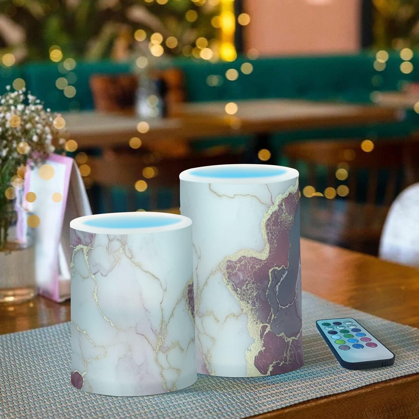 famyily Marble Burgundy White Flameless Flickering Candles Flameless Candles Set with Batteries for Dining Room Table 4" 5" Set of 2