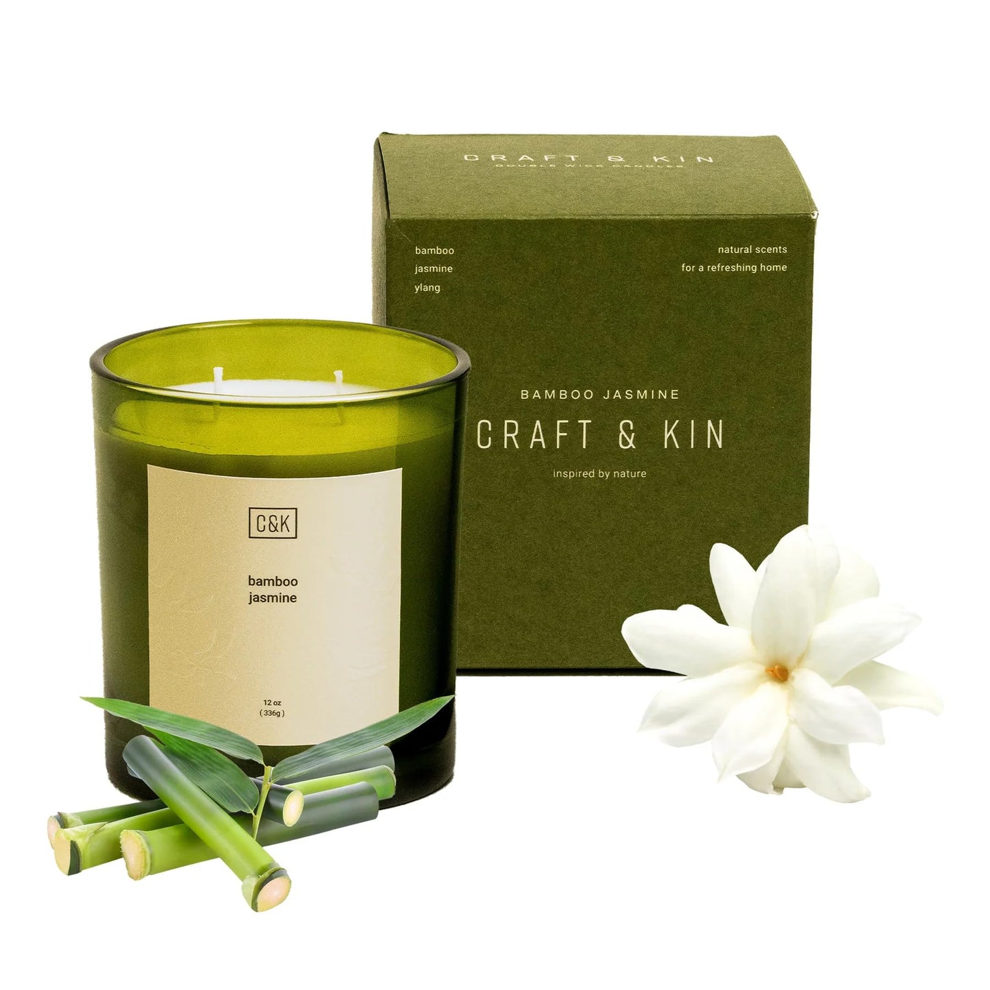 Craft & Kin 12oz Bamboo Jasmine Candle for Home | Premium Green Scented Candles for Men | Winter Candles Made with Natural Soy | Holiday Candle Gifts for Men and Women | Nature Collection