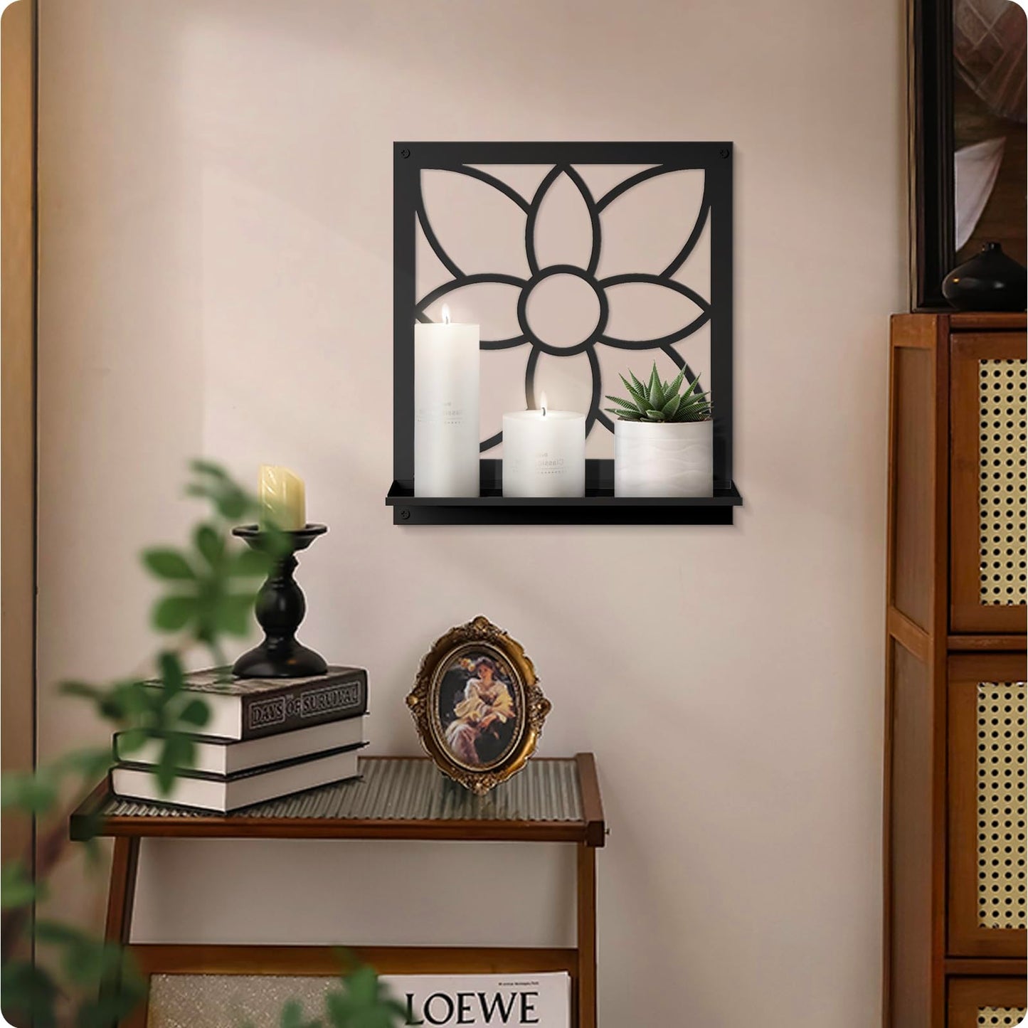Flower Candle Wall Sconce, Retro Bathroom Wall Decor, Black Minimalism Wall Art for Living Room Bedroom Bathroom (2 Pack 11.8 x 13 in)
