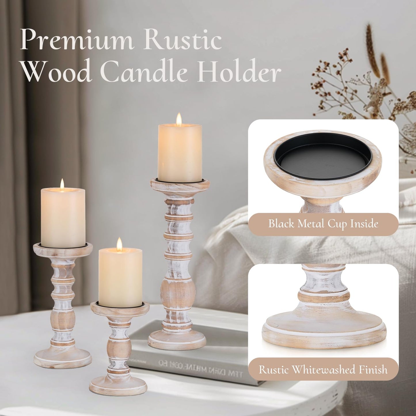 Wood Candle Holders for Pillar Candles - Tall Rustic Candle Holder (Set of 3), Large Farmhouse Candle Holders Candle Stand, Pillar Candle Holder Set for Table Centerpiece, Fireplace, Home, White