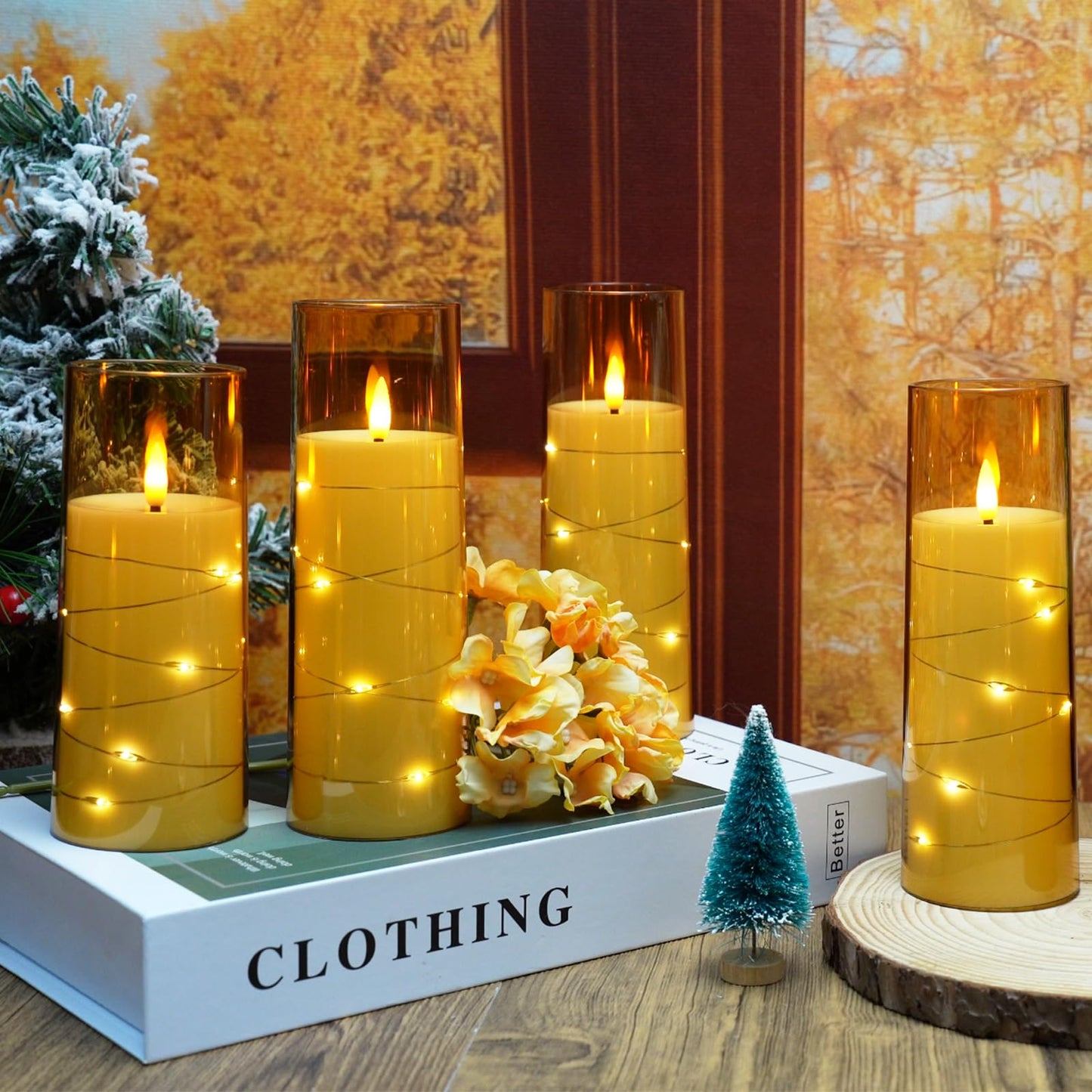kakoya Flameless LED Candles with Timer 9 Pc Flickering Flameless Candles for Romantic Ambiance and Home Decoration Stable Acrylic Shell,with Embedded Star String，Battery Operated Candles（Gold）