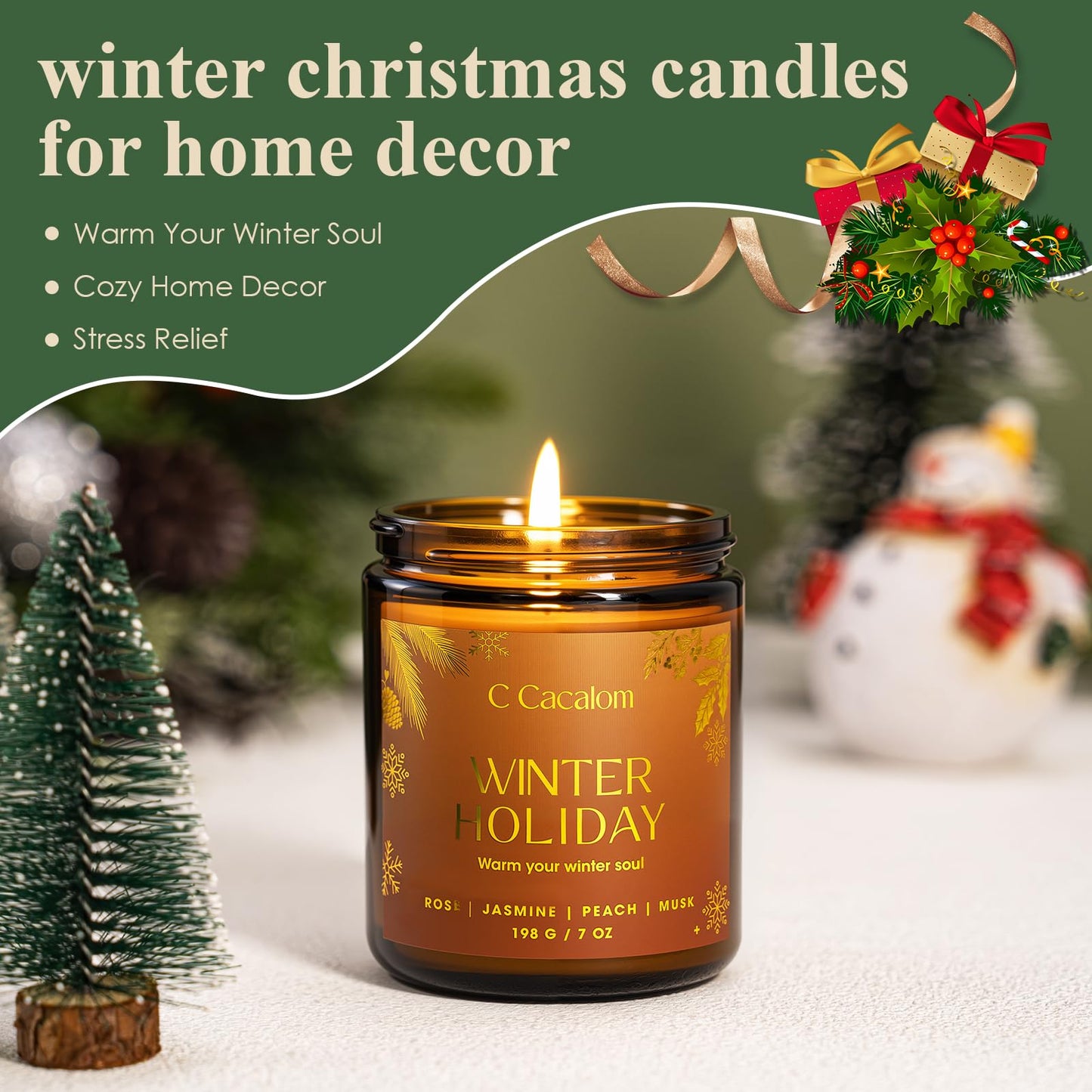 Christmas Soy Candles for Christmas Home Decor Non-Toxic Aromatherapy Scented Candles for Holiday Christmas Gifts, Cozy Cute Jar Candle, Winter Candle for Women Men, Winter Holiday Jasmine Rose Candle
