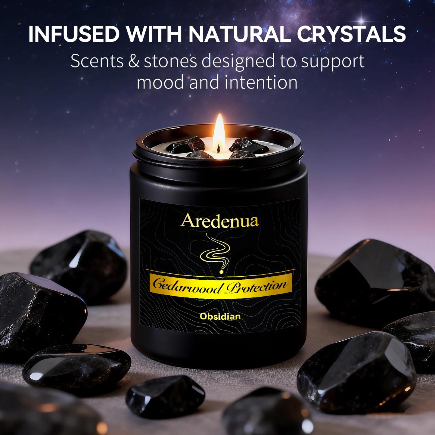 Aredenua Scented Candle with Crystal for Emotional Protection and Grounding - Cedarwood Aromatherapy Candle with Obsidian Healing Crystals, Natural Soy Wax 7oz, Strength Gift for Women Men