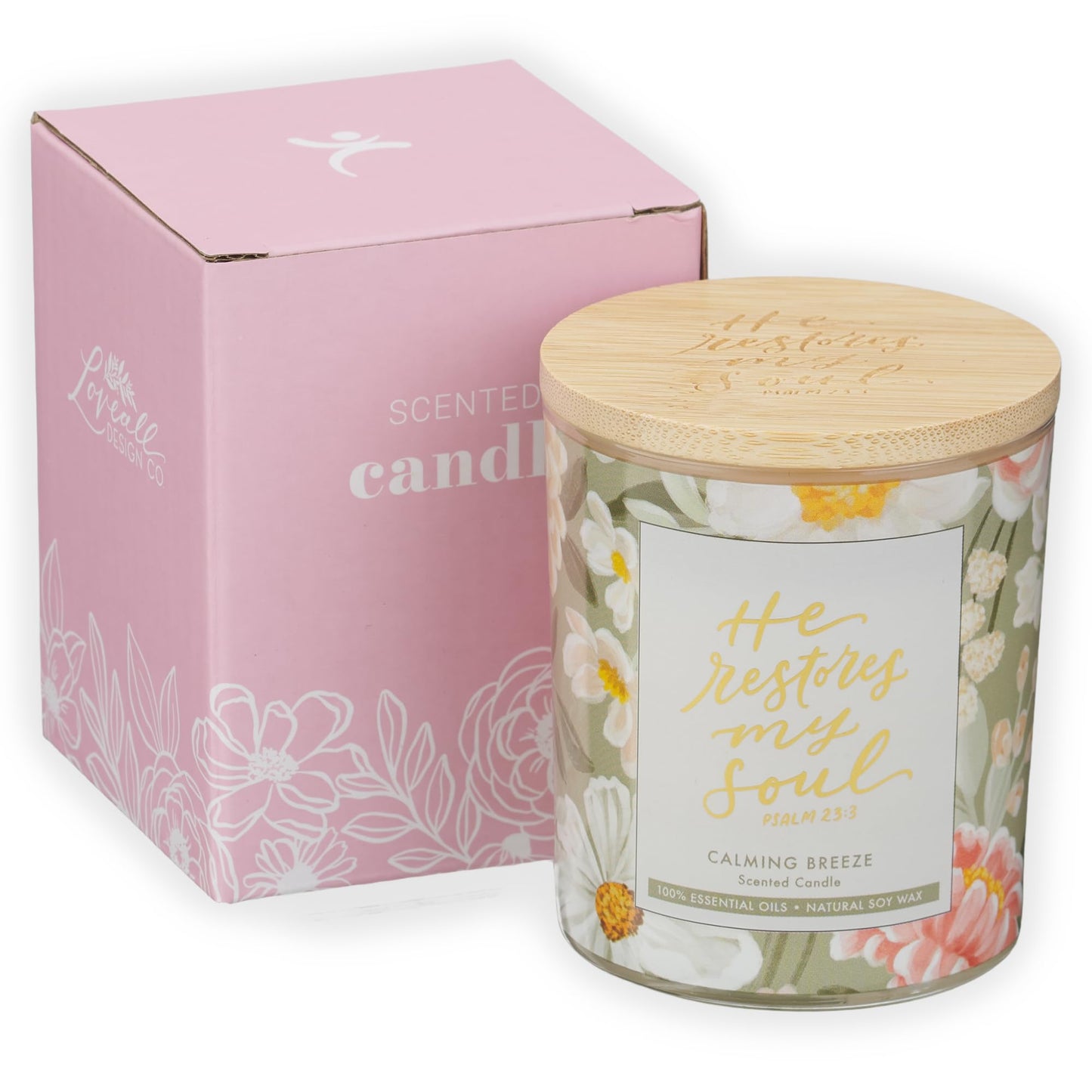 Christian Art Gifts Soy Wax Scented Candle: He Restores My Soul Bible Verse, Calming Breeze Scent, Pure Essential Oils, 4.5 oz, Up to 20 Hours Burn Time, Glass Jar w/Bamboo Lid, Encouragement Gift