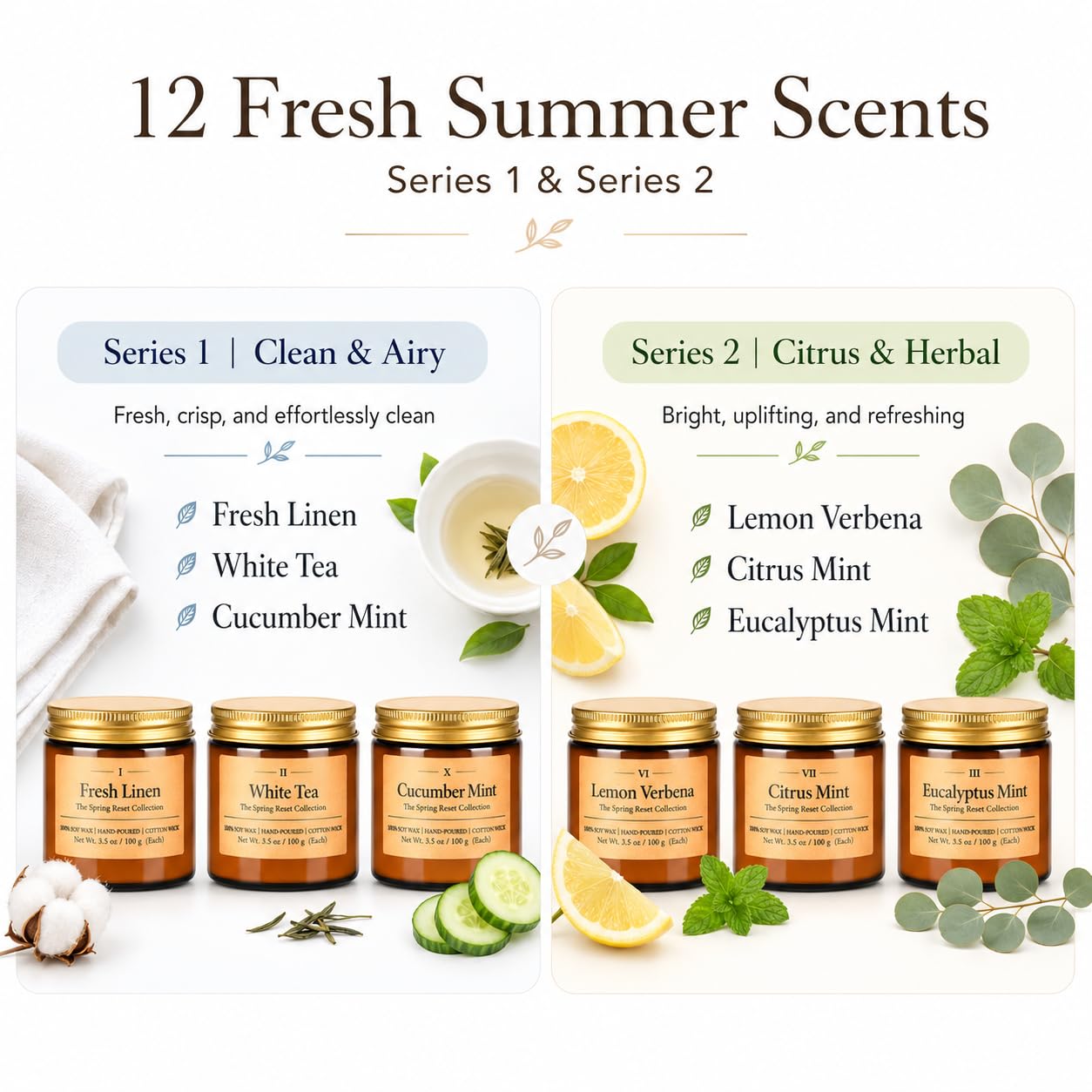 12 Pack Summer Scented Candles, 3.5 oz Amber Glass Jar Soy Candle Set, 8% Essential Oil Blend, Gifts for Women Birthday Housewarming