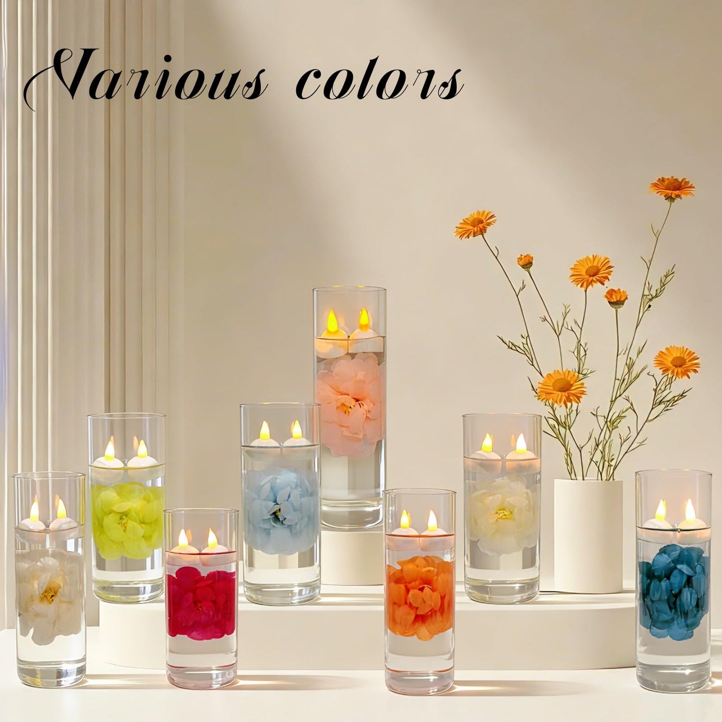 Qazcnd 24 Pack Flameless Led Floating Candles and Floating Artificial Flower Battery Operated Waterproof Tea Lights for Cylinder Vases Centerpieces at Wedding, Party, Pool Decor Rosered