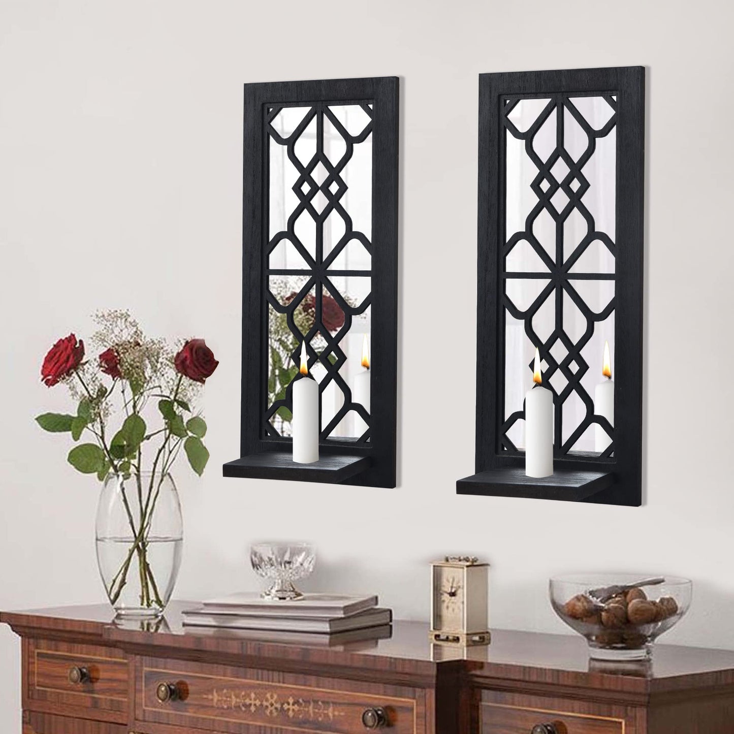 ZEXUIRU 2 Set Rustic Candle Sconces Living Room Bedroom Entryway Wood Mirrored, Farmhouse, Carved Frame Wall-Mount Wooden Candle Holders Wall Decor Hanging Handmade Holder - Black