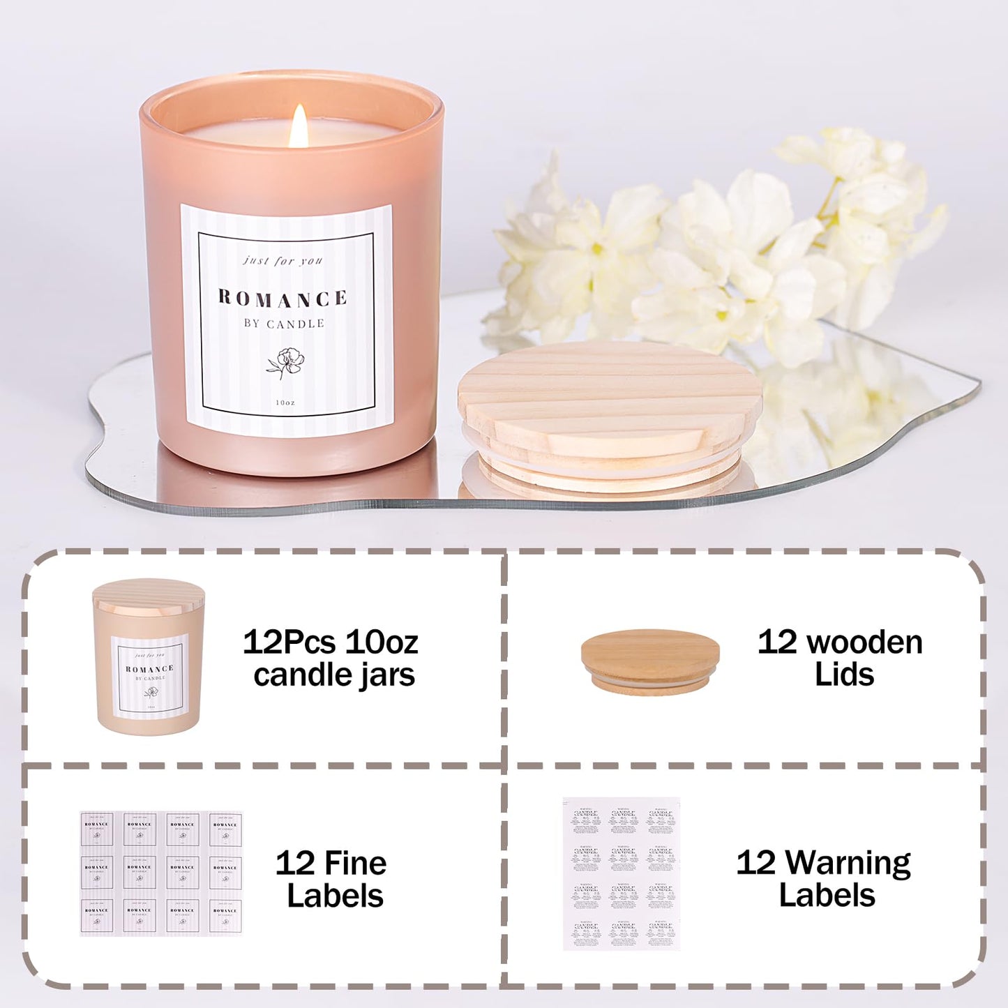 REISEN 12Pcs Assorted Amber Candle Jars for Making Candles, 10oz Empty Candle Jars with Bamboo Lids and Labels, Glass Jars for Candle Making Supplies, Candle Containers for DIY Gifts