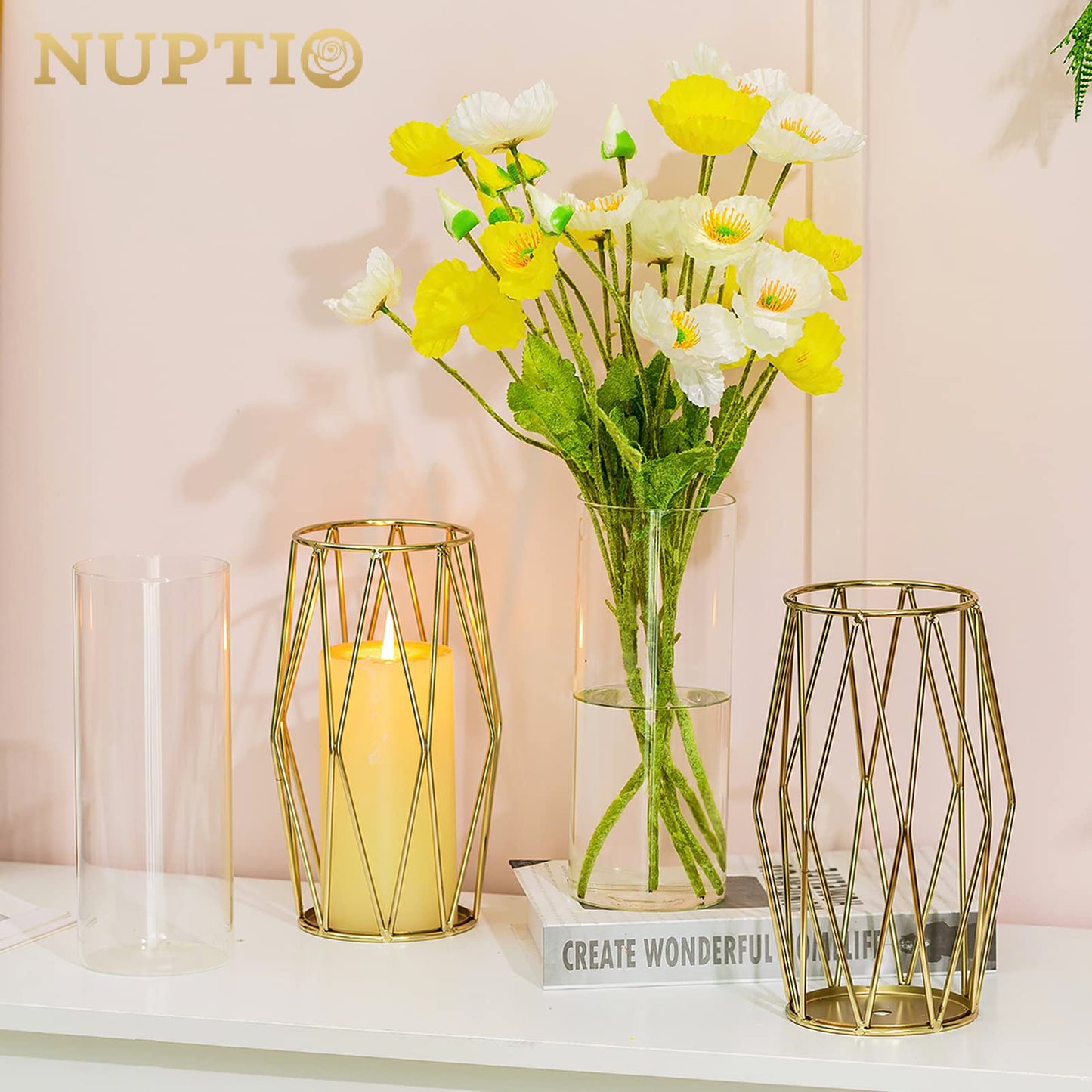 Nuptio Gold Pillar Candle Holder: Glass Hurricane Candles Holders with Geometric Metal Rack Stand for Wedding Birthday Party Centerpieces - Decorative Flower Vase for Office Living Room