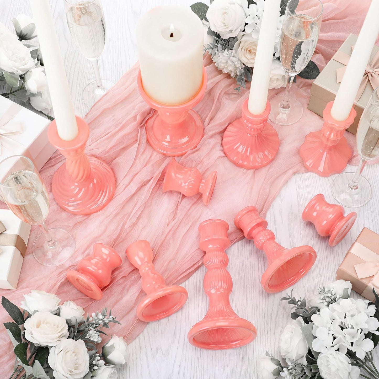 Mumufy 10 Pcs Glass Crystal Taper Candle Holders Clear Glass Candlestick Holder Fit 0.8 Inch Candles Crystal Decorative Candle Stand Centerpiece Table Wedding Dining Party (Classic,Cream Pink)