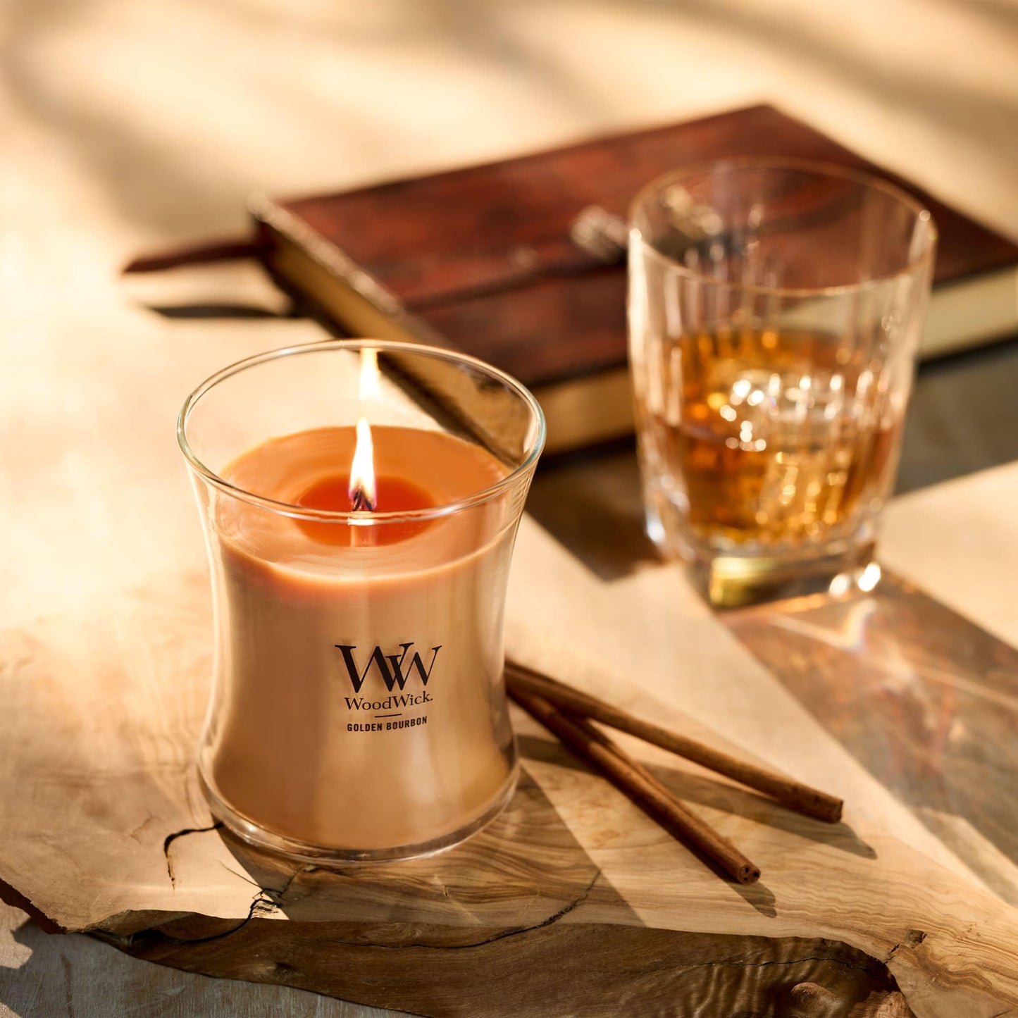 WoodWick Golden Bourbon Holiday Candle Gifts for Women and Men, 9.7 oz Medium Hourglass Candle with Crackling Wick