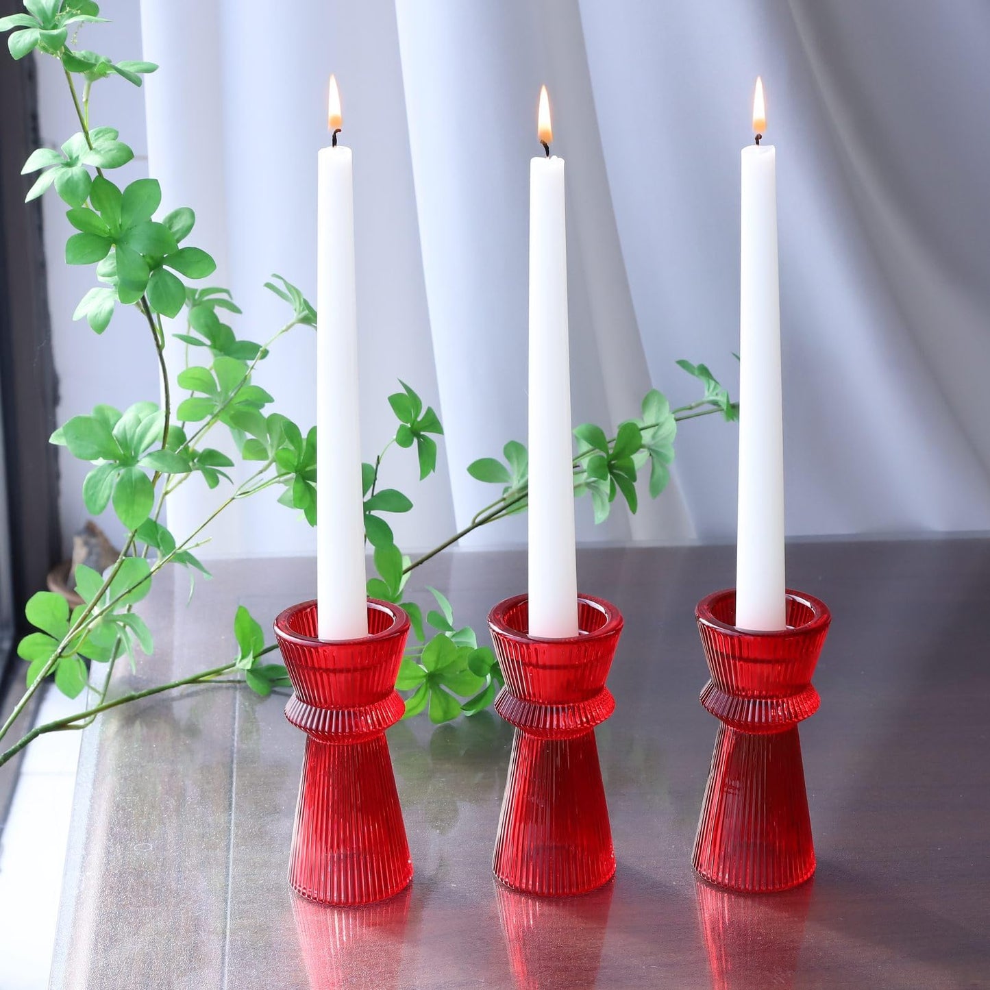 VOHO Red Candlesticks Holders for Christmas Decorations, Set of 3 Ribbed Glass Candle Holder Versatile for Taper & Tea Lights Candles, Romantic Red Taper Candle Holders for Valentines Day Anniversary