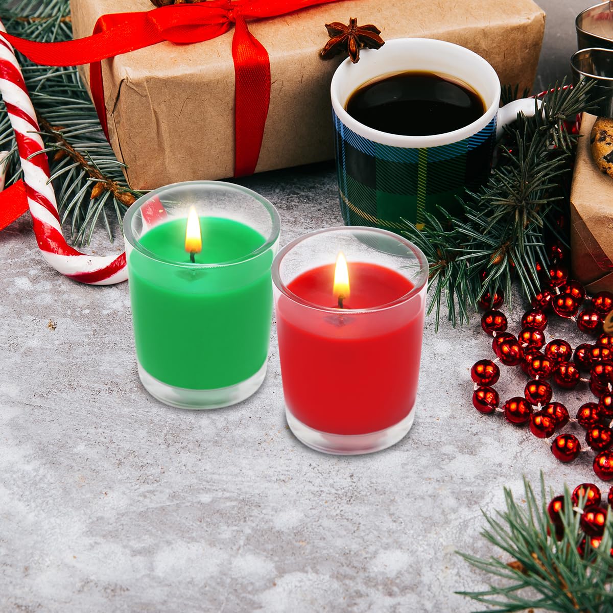 Set of 4 Green Votive Candles for Christmas and St. Patrick's Day, Clear Glass Filled Unscented Soy Wax Candle for Spring Home Decoration and DIY