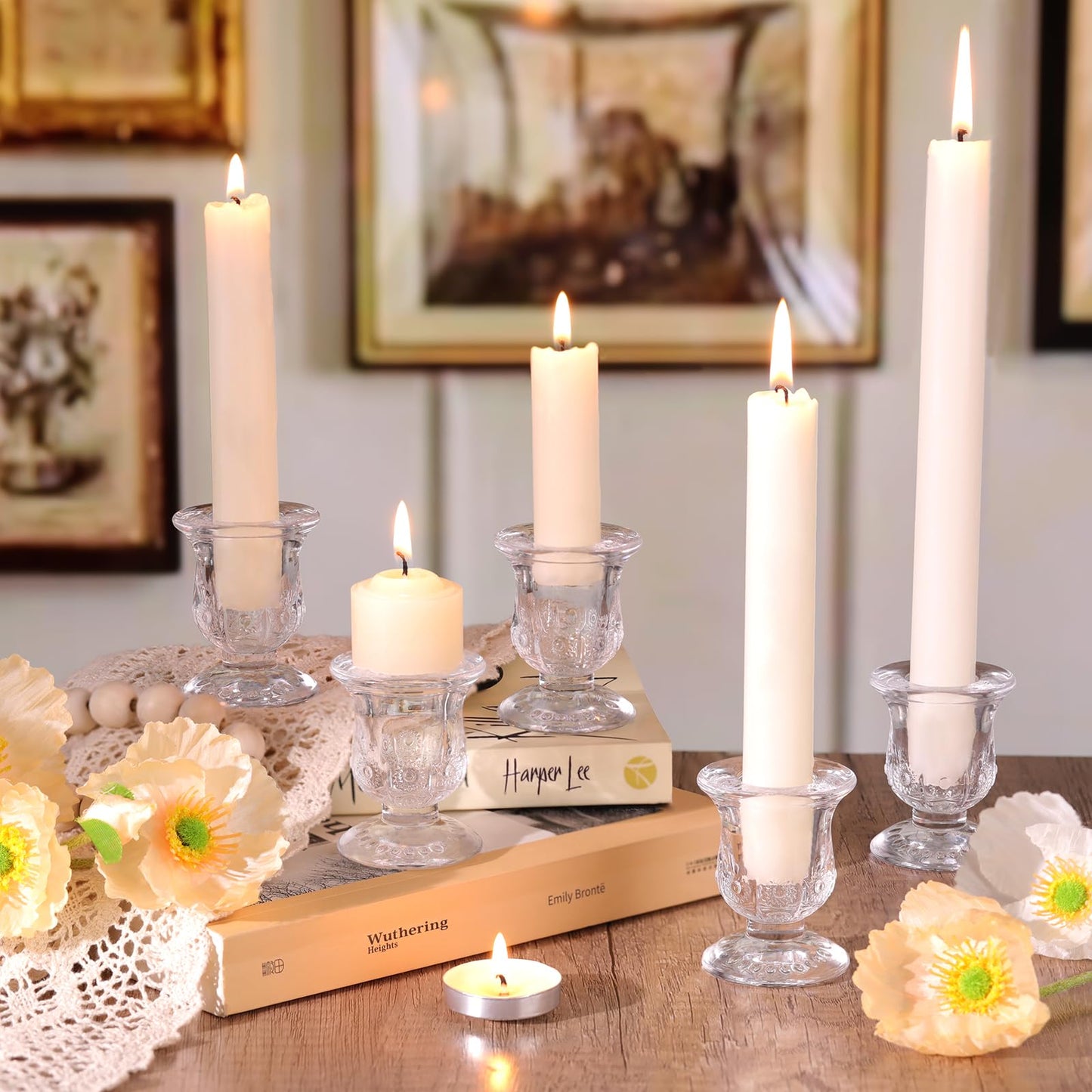 sunnyfuture 10pcs Clear Candlestick Holders, Glass Taper Candle Holders for Table Centerpiece Decor, Wedding, Birthday, Gift