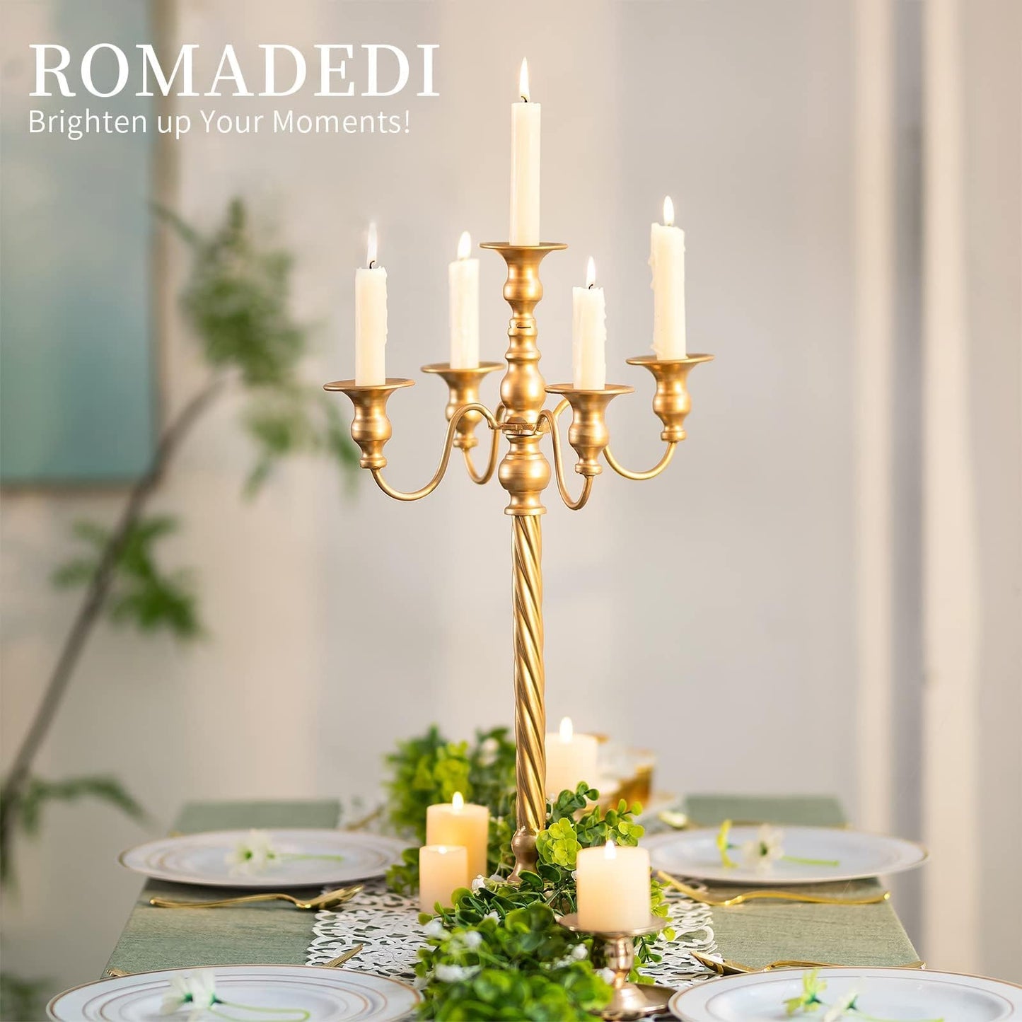 Romadedi Candelabra Gold Candle Stand: 21'' Tall 5-Branch Candlestick Holder for Wedding Centerpiece Decor Christmas Holiday Event Reception Decoration, Set of 2