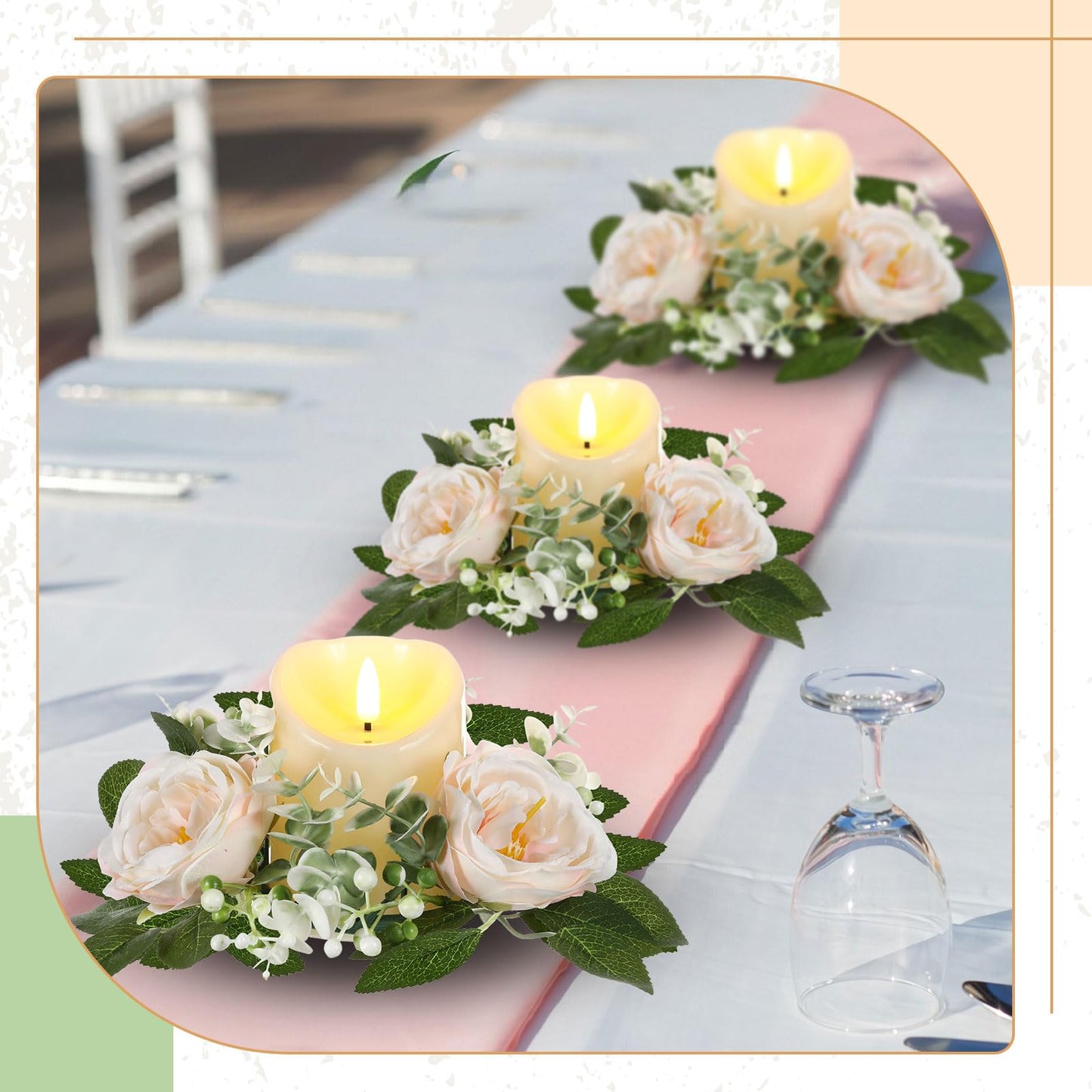 Yunlly 16 Set Rose Candle Rings Wreaths 3 Inch Center with Flameless LED Candles Artificial Rose Light Garland Fake Electric Votive Tealights Bulk Funeral Wedding Table Centerpieces Decor(Champagne)
