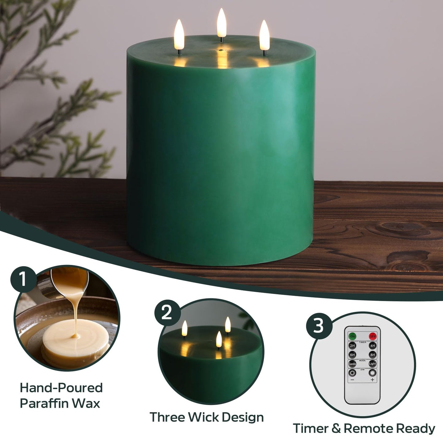 Eywamage Green 3 Wick Flameless Pillar Candle Φ 6" H 6", Giant Real Wax Flickering LED Candle with Remote