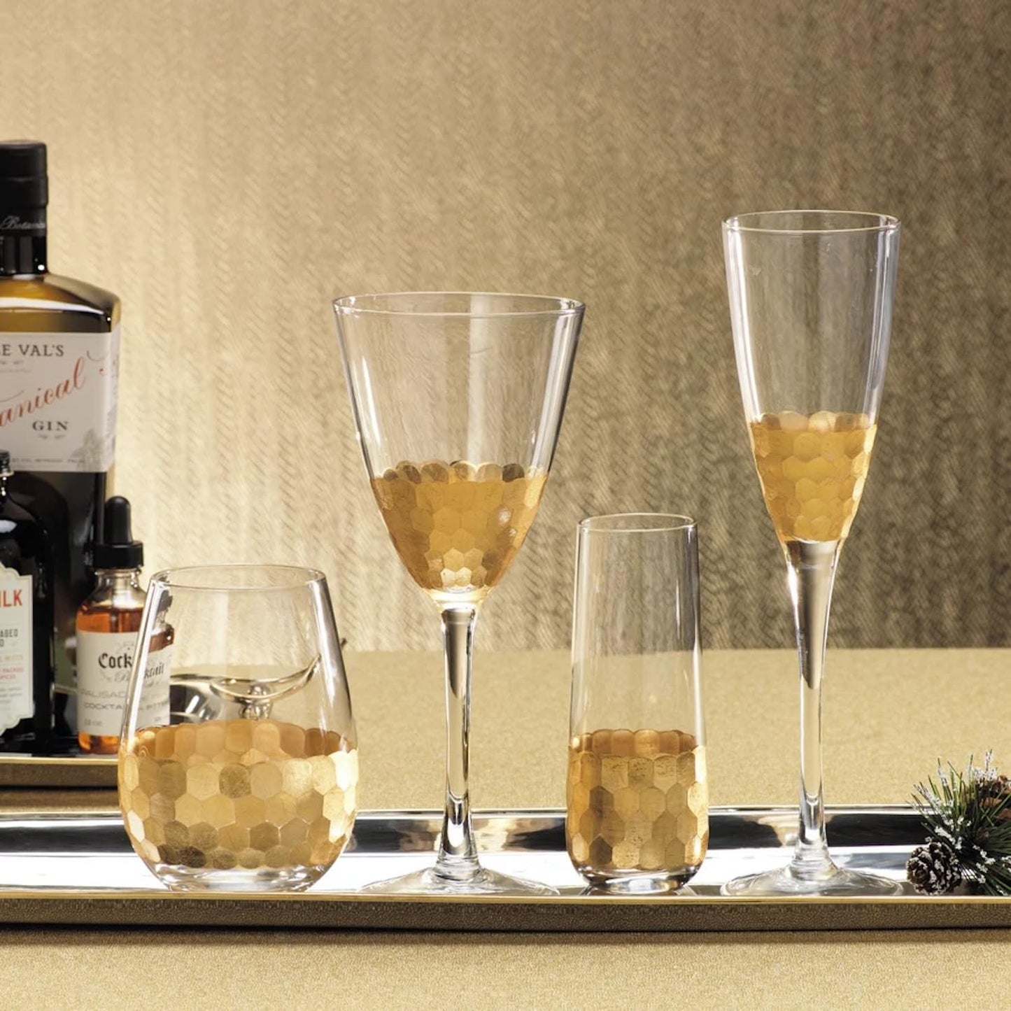 Zodax Fez Cut Stemless Glasses with Gold Leaf | Set of 6 (Wine or All Purpose)