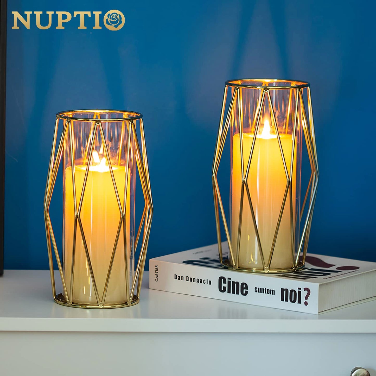 Nuptio Gold Pillar Candle Holder: Glass Hurricane Candles Holders with Geometric Metal Rack Stand for Wedding Birthday Party Centerpieces - Decorative Flower Vase for Office Living Room