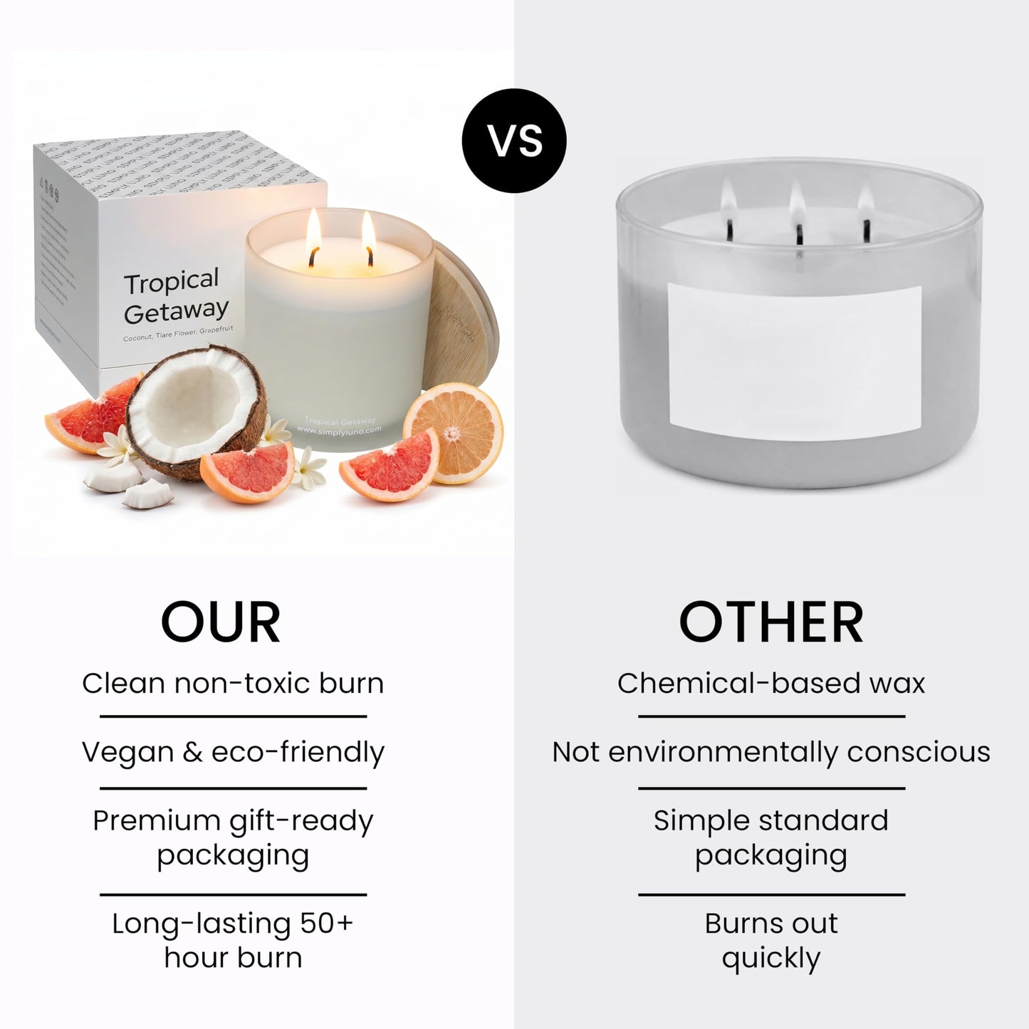 Tropical Getaway Coconut & Grapefruit Scented Candle | 14oz Soy Wax | 50+ Hour Long Lasting Burn | Reusable Glass Candle Jar with Bamboo Lid & Eco Friendly Gift Box |Luxury Scented Candle for Home
