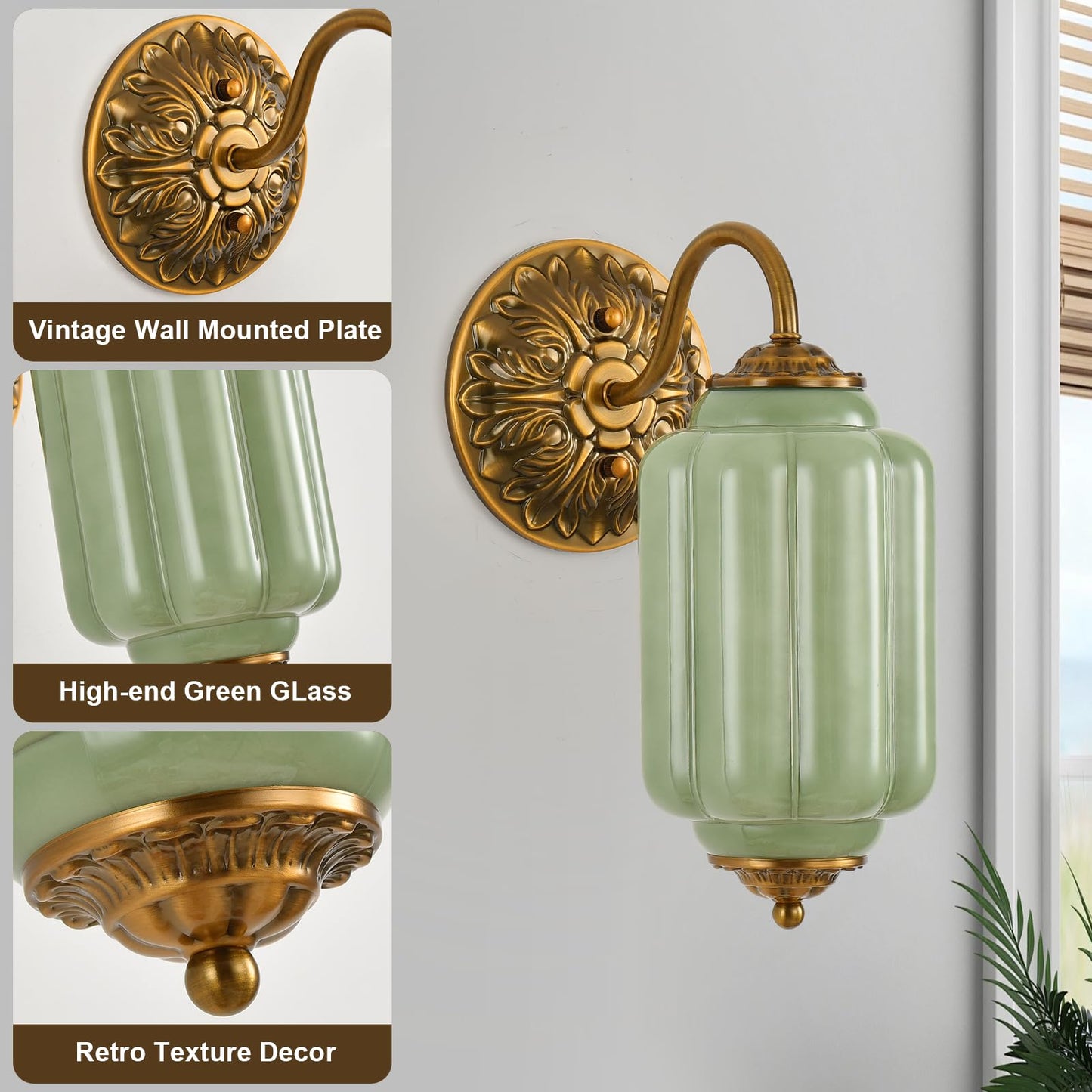 Pandaluna Vintage Wall Sconce, Green Milk Glass Light Fixture, 5.5In Art Deco Antique Wall Sconce for Bedroom Bathroom Living Room Hallway Entryway, E12 LED Bulb Included, Retro Gold & Green 2 Pack