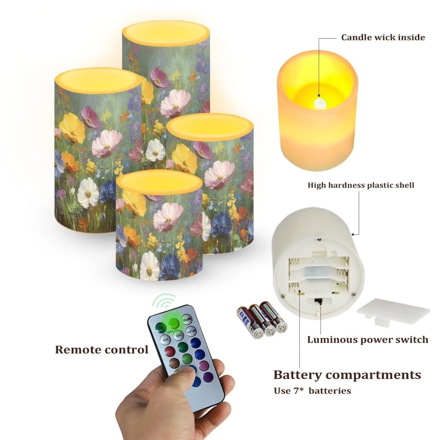 Cozeyat Nature Print Flameless Candles 4 Pack Battery Operated LED Pillar Candles with Remote Control Timer Color Changing for Wedding Home Beach