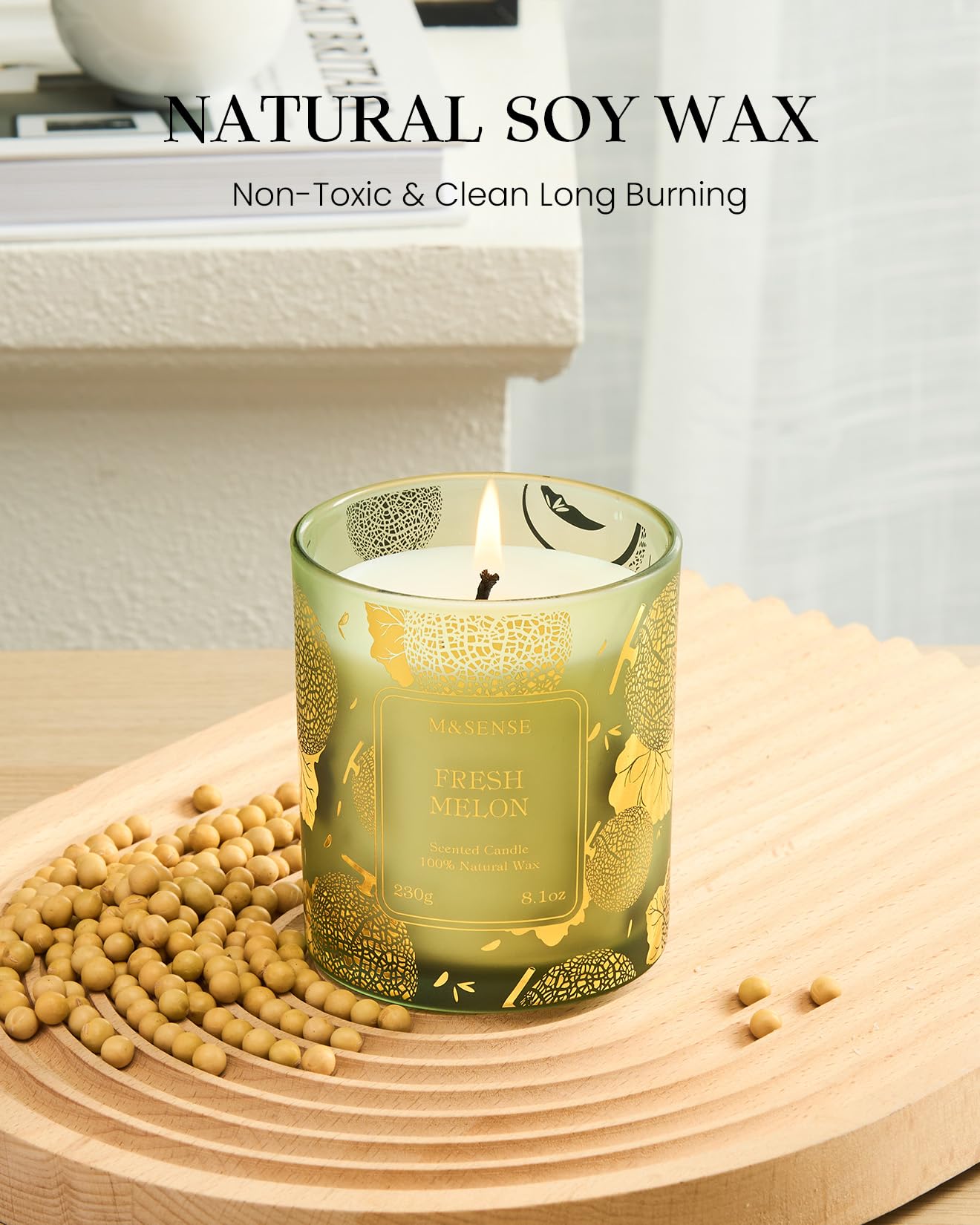 M&SENSE Fresh Melon Scented Vegan Soy Candles, 8.1oz Non Toxic Summer Aromatherapy Candle for Home Decor, 42-Hour Burn Time, Fresh Smelling Good Scented Candle for Bathroom Decor